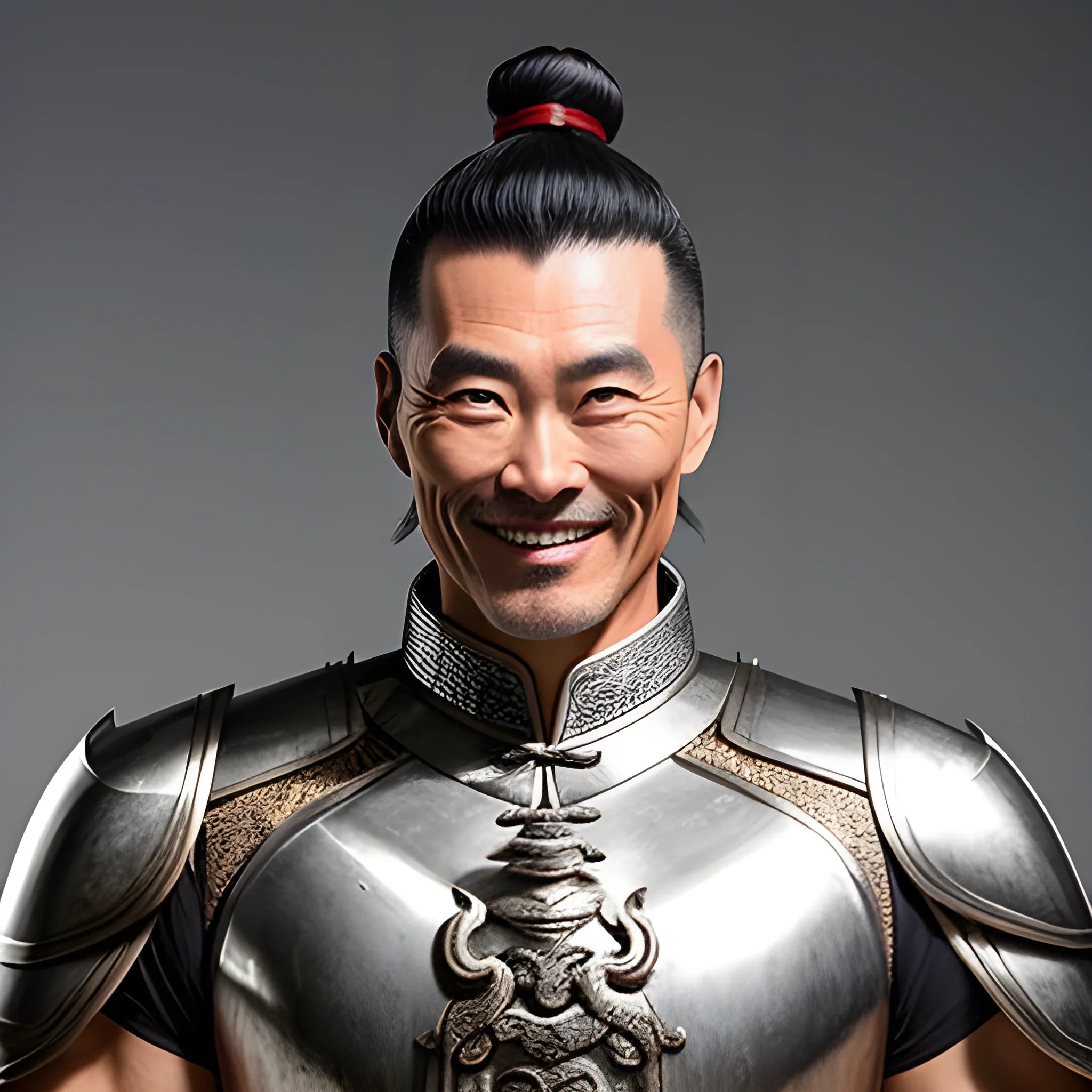 young male,standing,holding tangdao,chinese style silver armor,handsome,high ponytail,smiling,