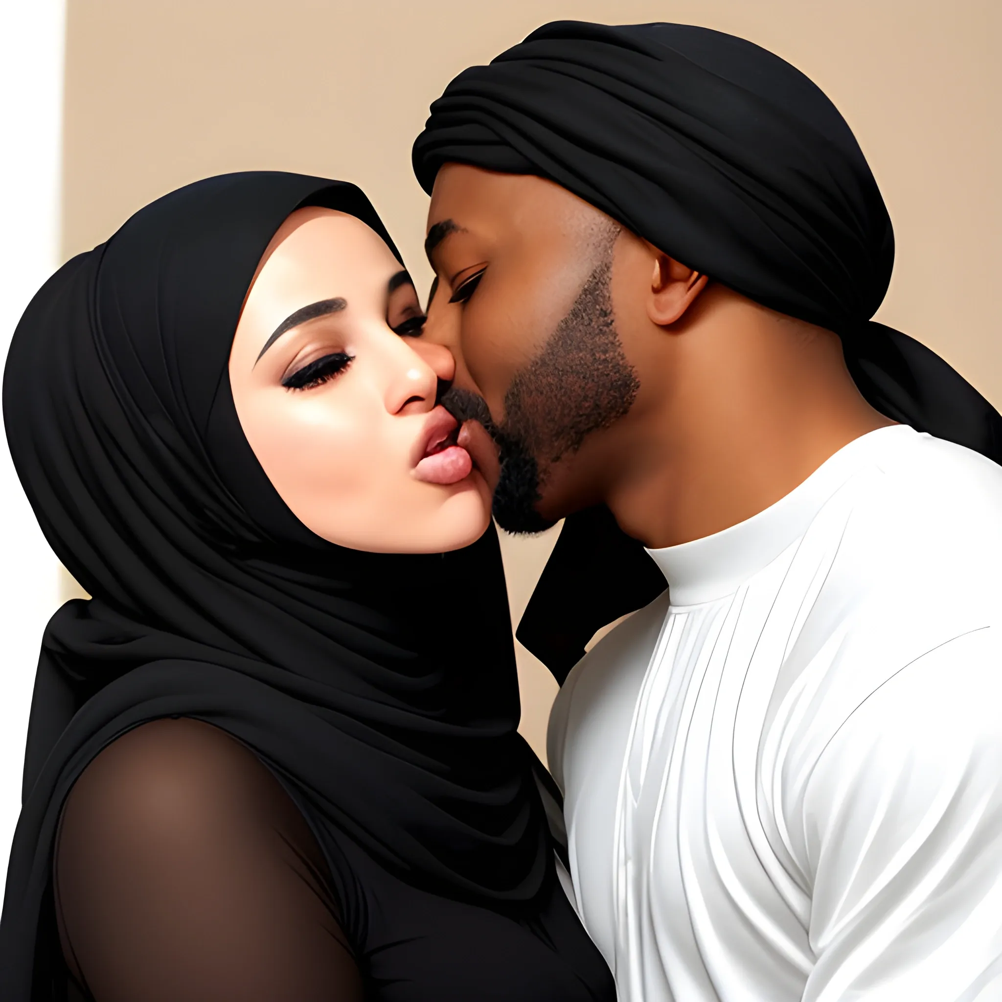 Hijabi woman getting passionately kissed by black man