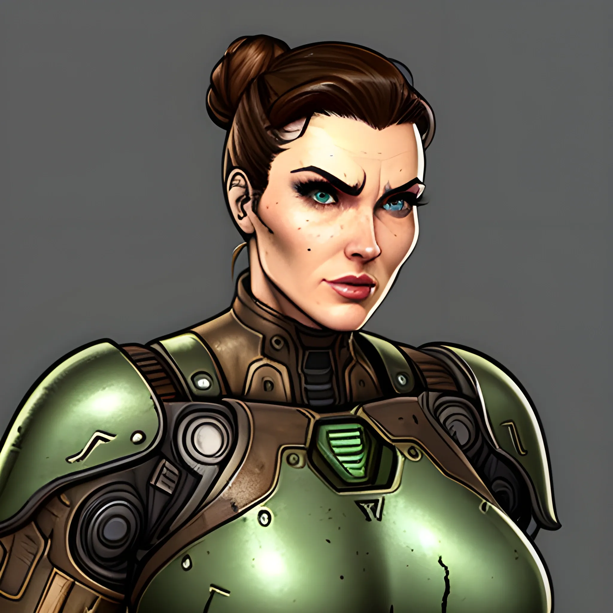 strong fat girl from Fallout 4, brotherhood of steel armor, pine-green eyes, brown hair tied into a bun