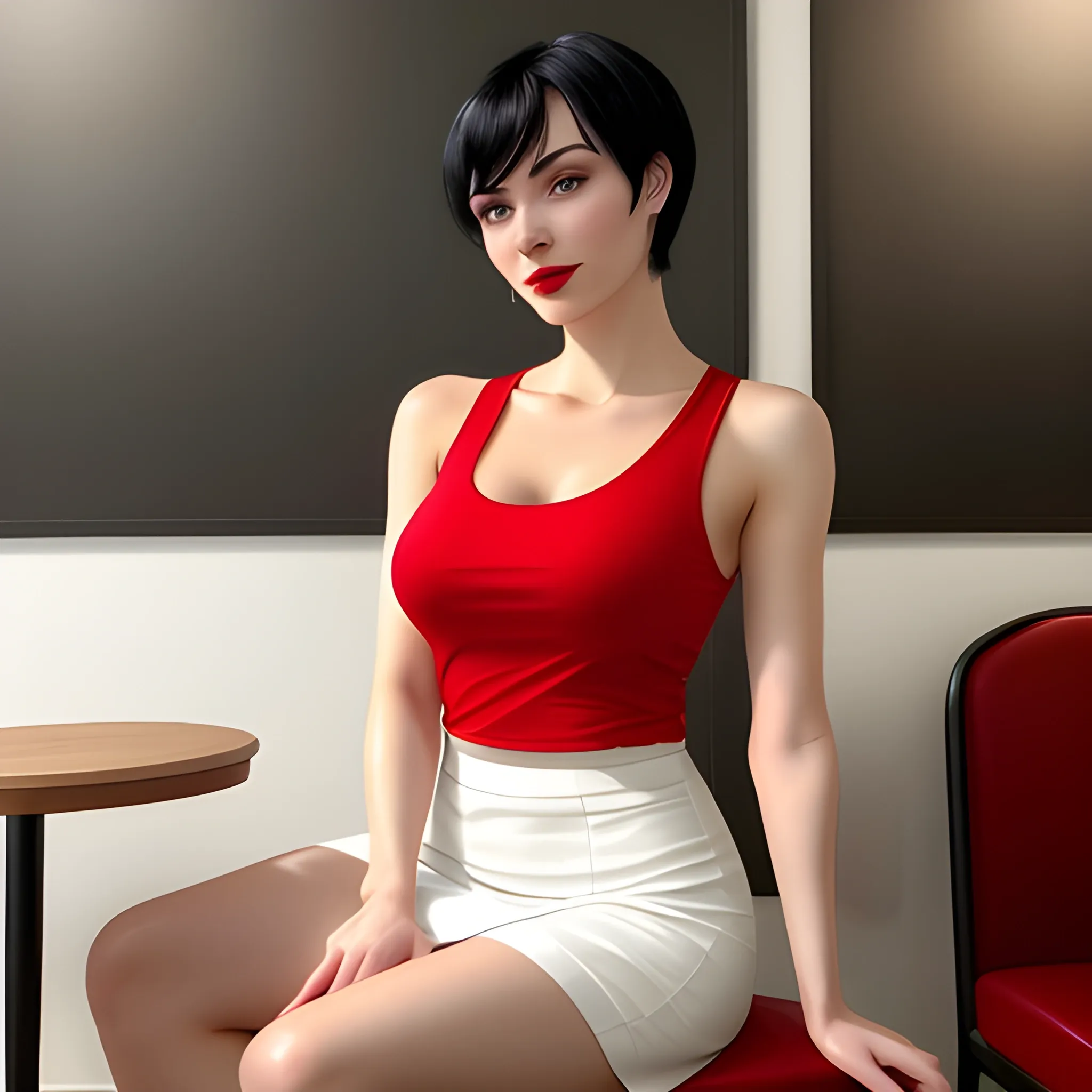 A photo of a young, face detail, age 18 year, beautiful russian woman sitting in a caf, wearing red tank top, white skirt, perfect breast, surrounded by a cozy atmosphere, looking at the viewer. short hair, black hair, slender, red lips, flirting with the camera, 