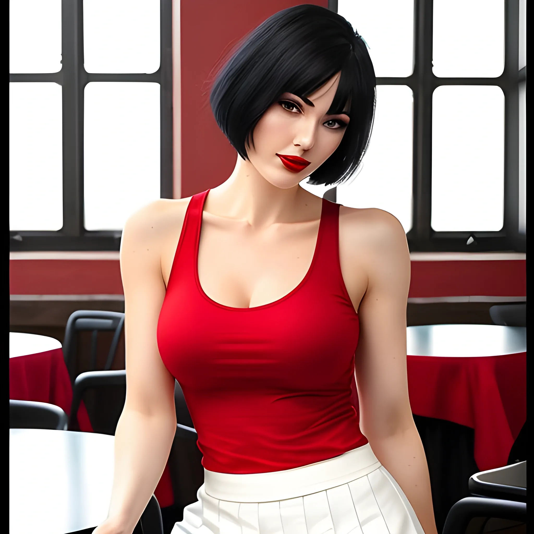 A photo of a young, face detail, age 18 year, beautiful  woman sitting in a caf, wearing red tank top, white skirt, perfect breast, surrounded by a cozy atmosphere, looking at the viewer. short hair, black hair, slender, red lips, flirting with the camera, 