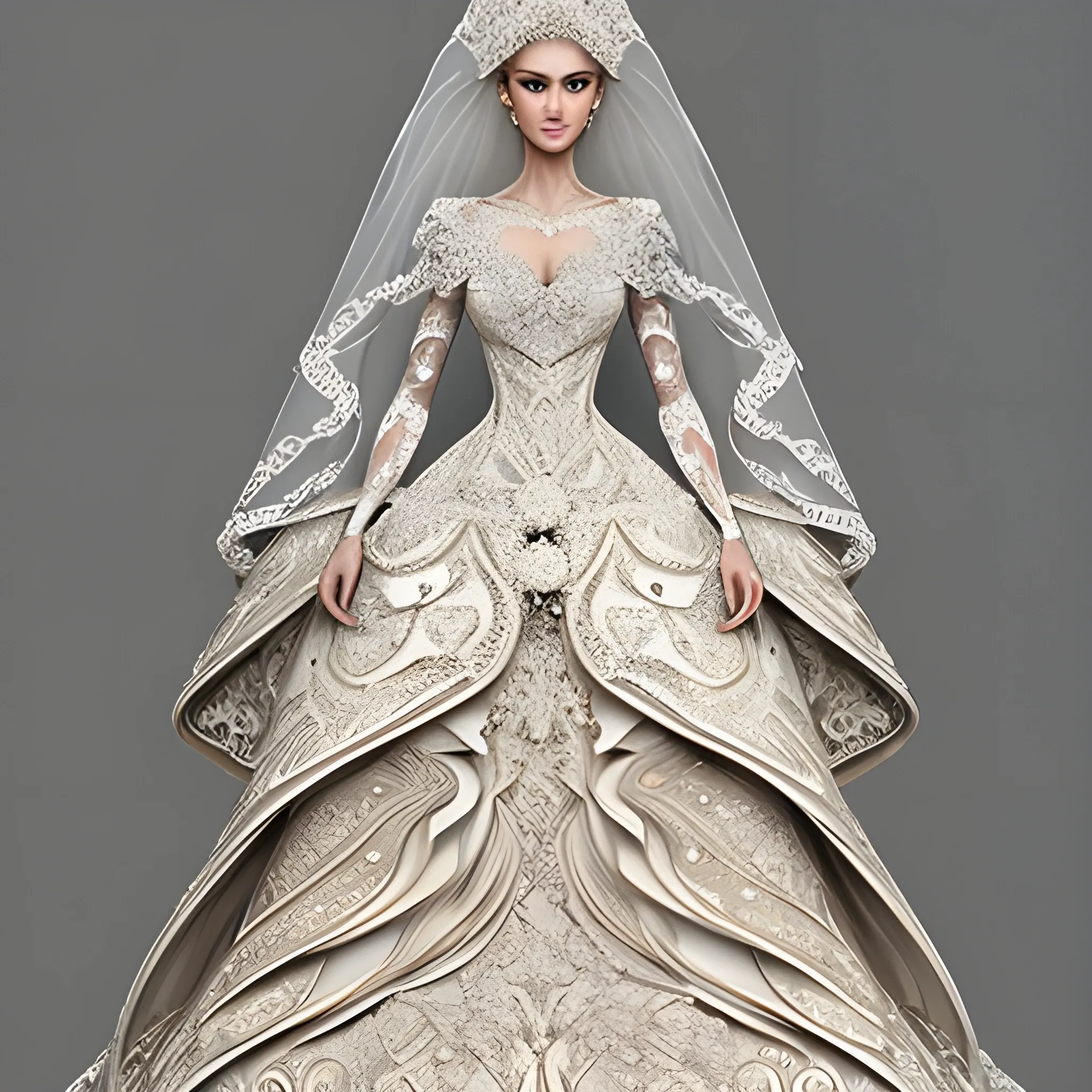 A woman wearing a magnificent incredibly intricate  wedding dress designed using a combination of many styles, ArtStation trending, detailed, lifelike,