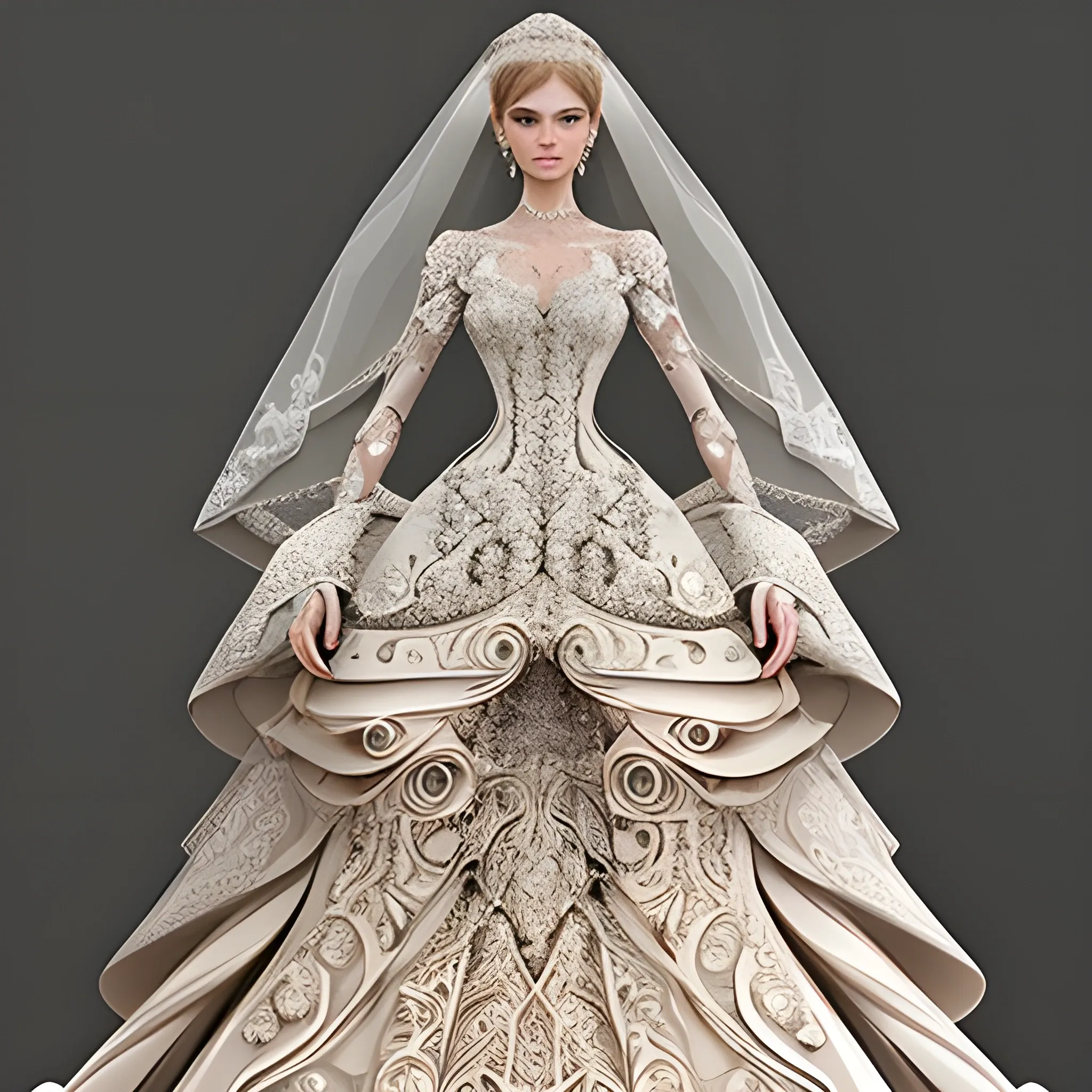 A woman wearing a magnificent incredibly intricate  wedding dress designed using a combination of many styles, ArtStation trending, detailed, lifelike,