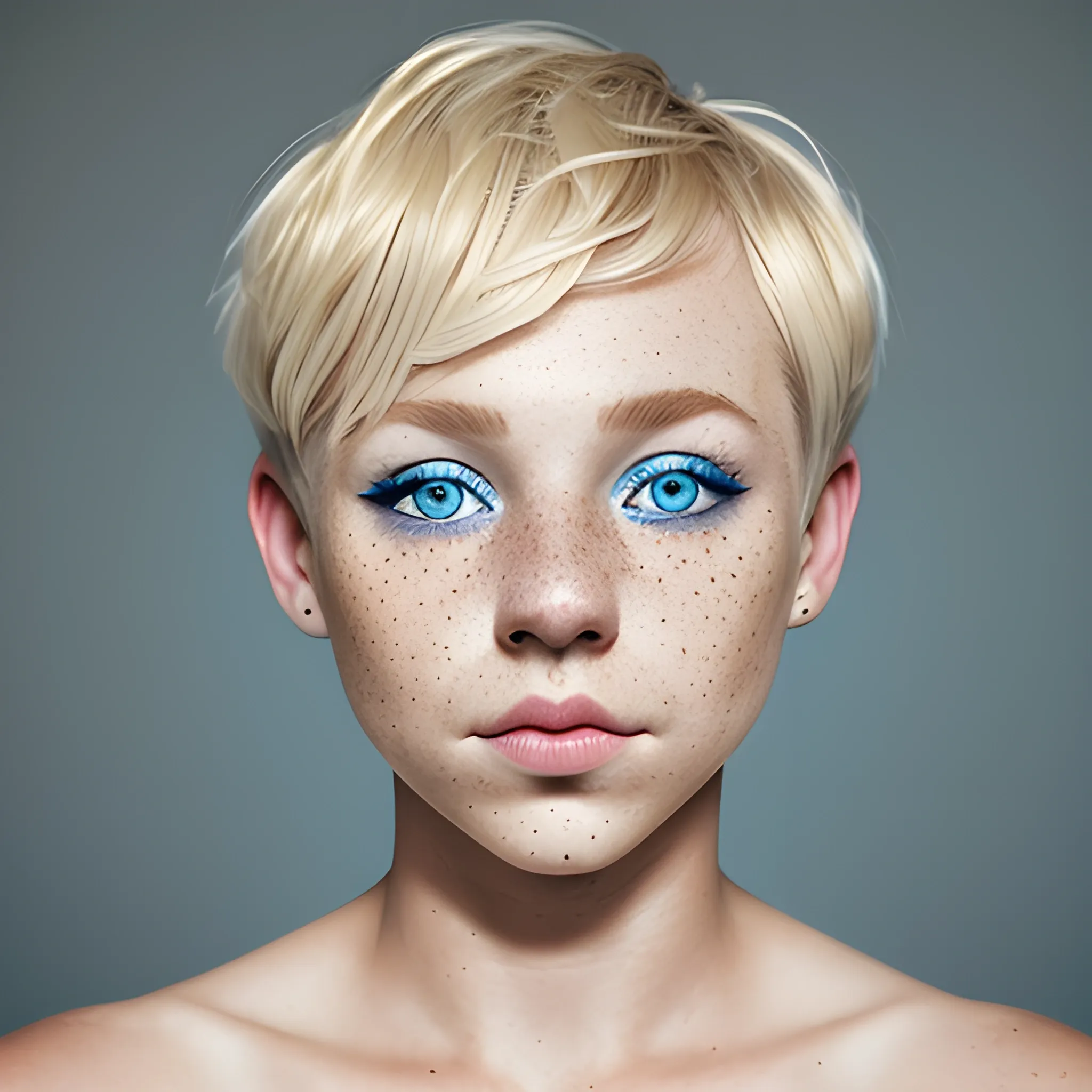 A woman with short blonde hair, septum ring, blue eyes portrait, round nose, freckles goddess 