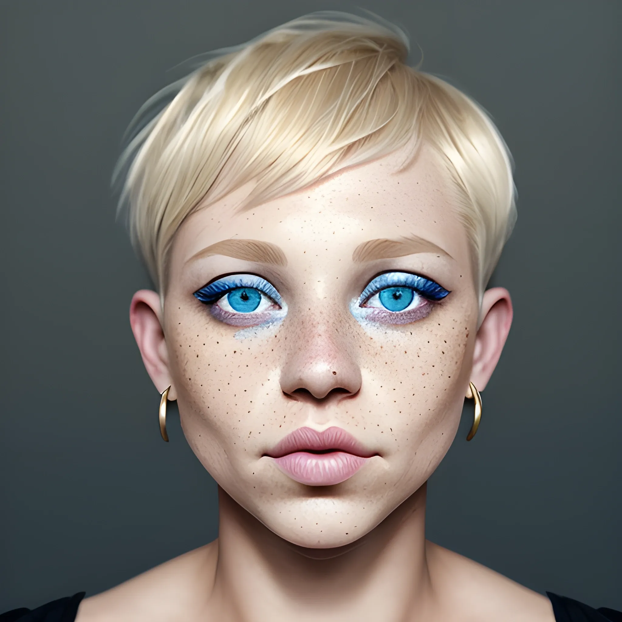 A woman with short blonde hair, septum ring, blue eyes portrait, round nose, freckles goddess thin lips