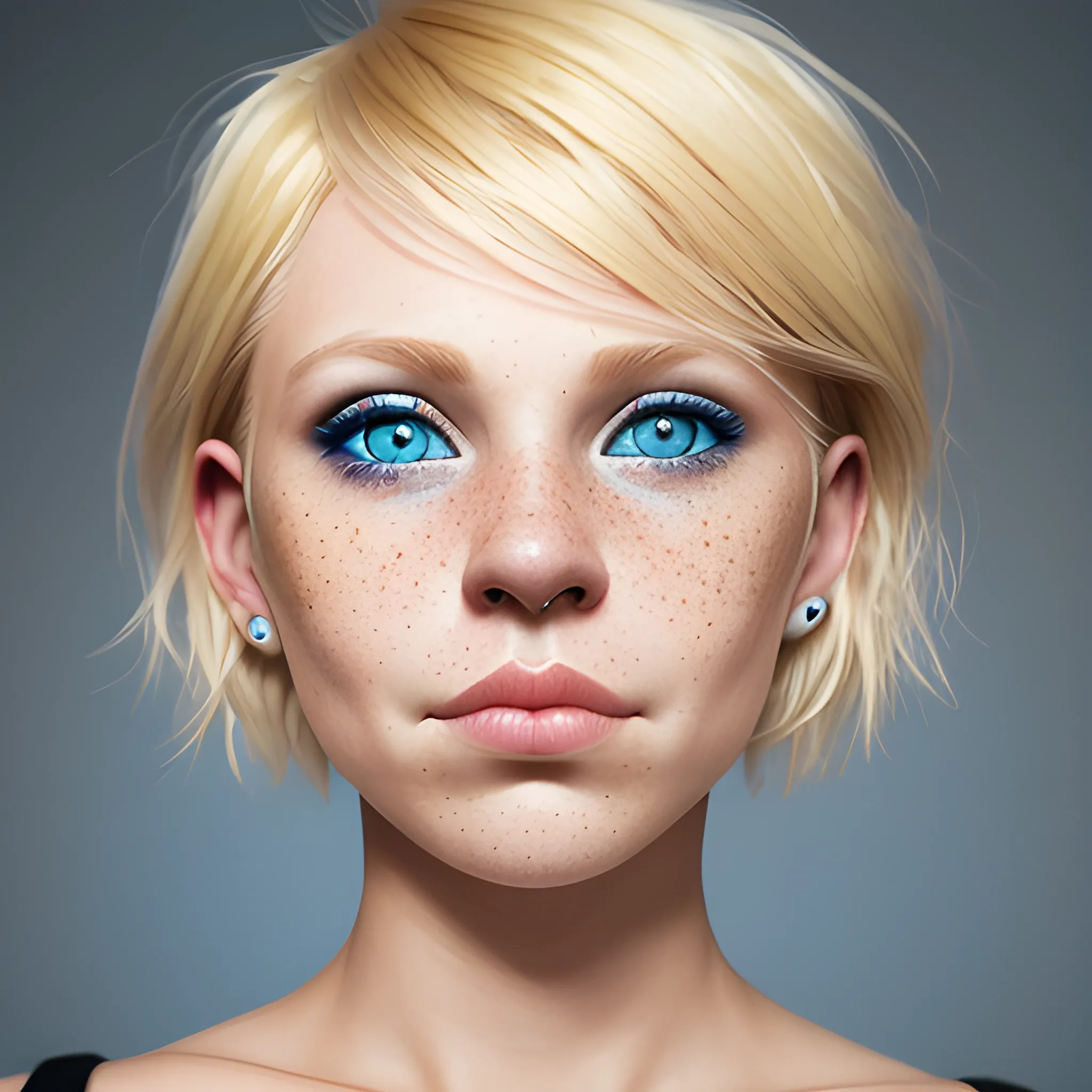 A woman with blonde hair, septum ring, blue eyes portrait, round nose freckles short hair