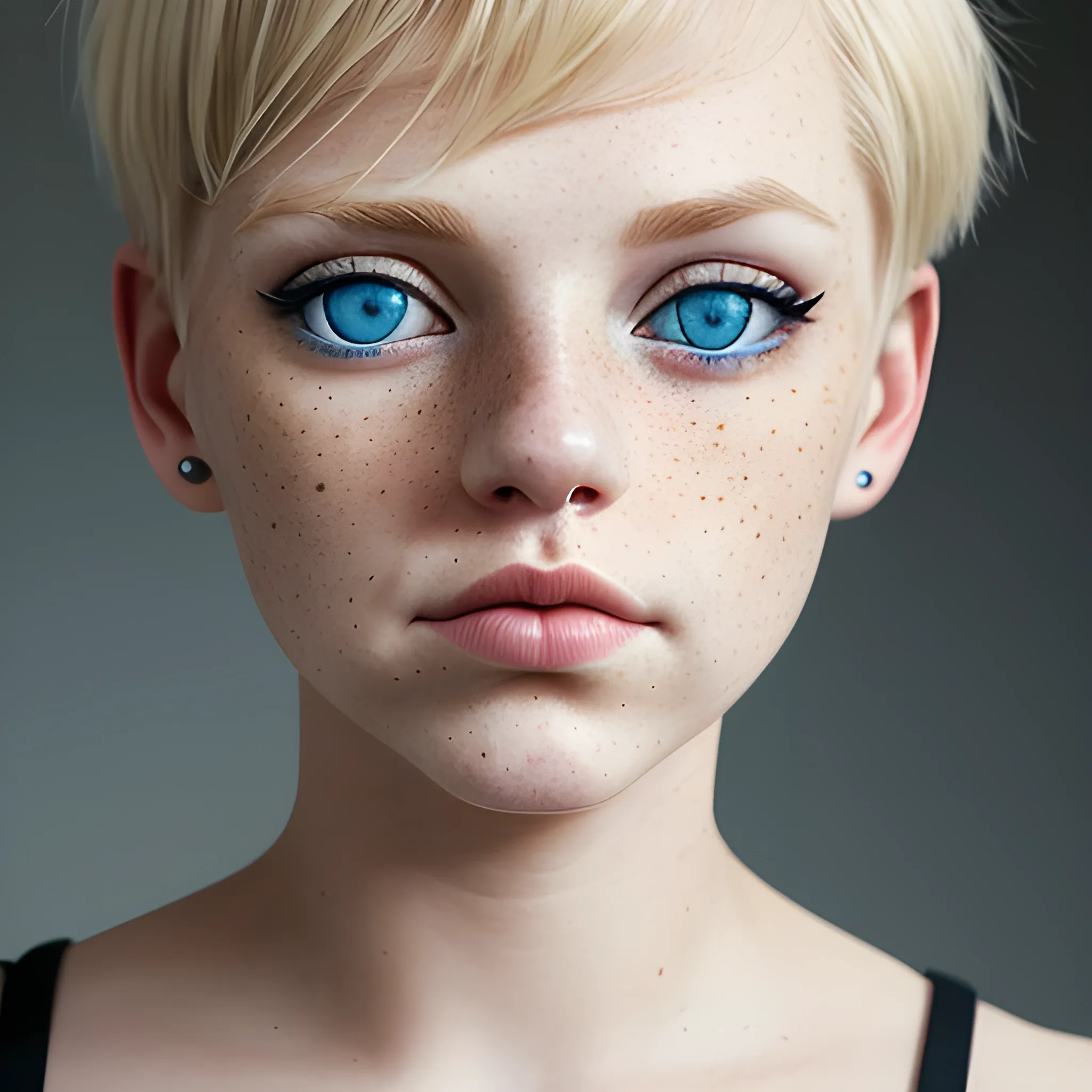 A woman with blonde hair, septum ring, blue eyes portrait, round nose freckles short hair round face thin lips