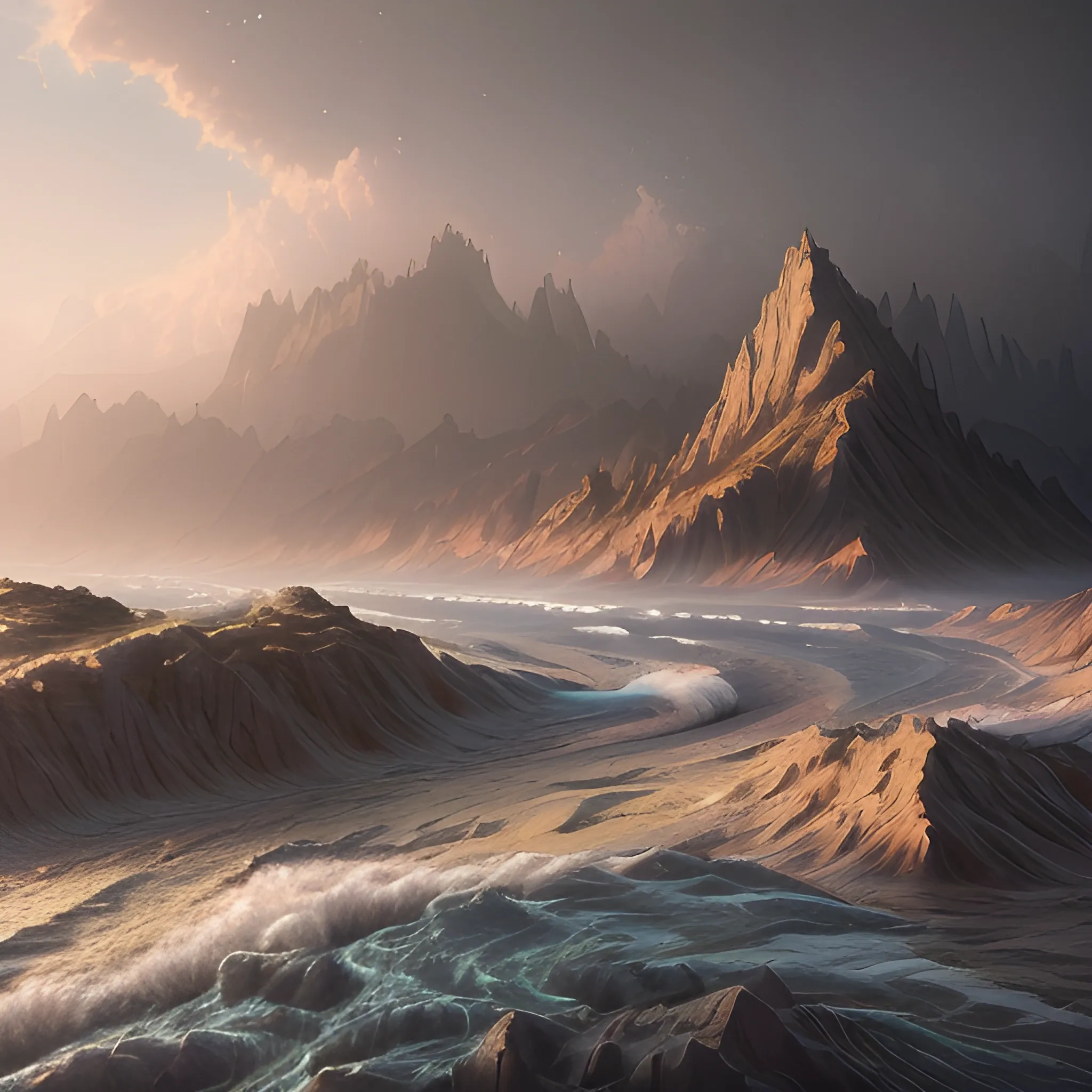 Beautiful hill view of sunrise over ocean and mountains, highly detailed, epic, cinematic, stylized, photographic, high resolution, 8k, never before seen, paradise scene, spiritual sky, holocaust. muted colors:1 4, flood, ocean, texture of planet jupiter on waves:1.4, deep water, light reflections, luminous particles, muted colors, detail, glitch art, dark environment, 8k, oil painting, mixed technique digital art, digital painting, ultra smooth, fluid, 3d fractals:1. 4, light particles, spirit ink, smooth, shimmering, dreamy glow, 16k, sf, complex art masterpiece, sinister, matte film poster, golden ratio, intricate, epic, highly detailed, bright, production cinematic rendering ultra-high quality, epic realistic, faded, ((neutral colors)), art, (hdr:1. 5), (muted colors:1.2), hyperdetailed, (artstation:1.5), cinematic, warm light, dramatic light, (complex details:1.1), complex background, 3D