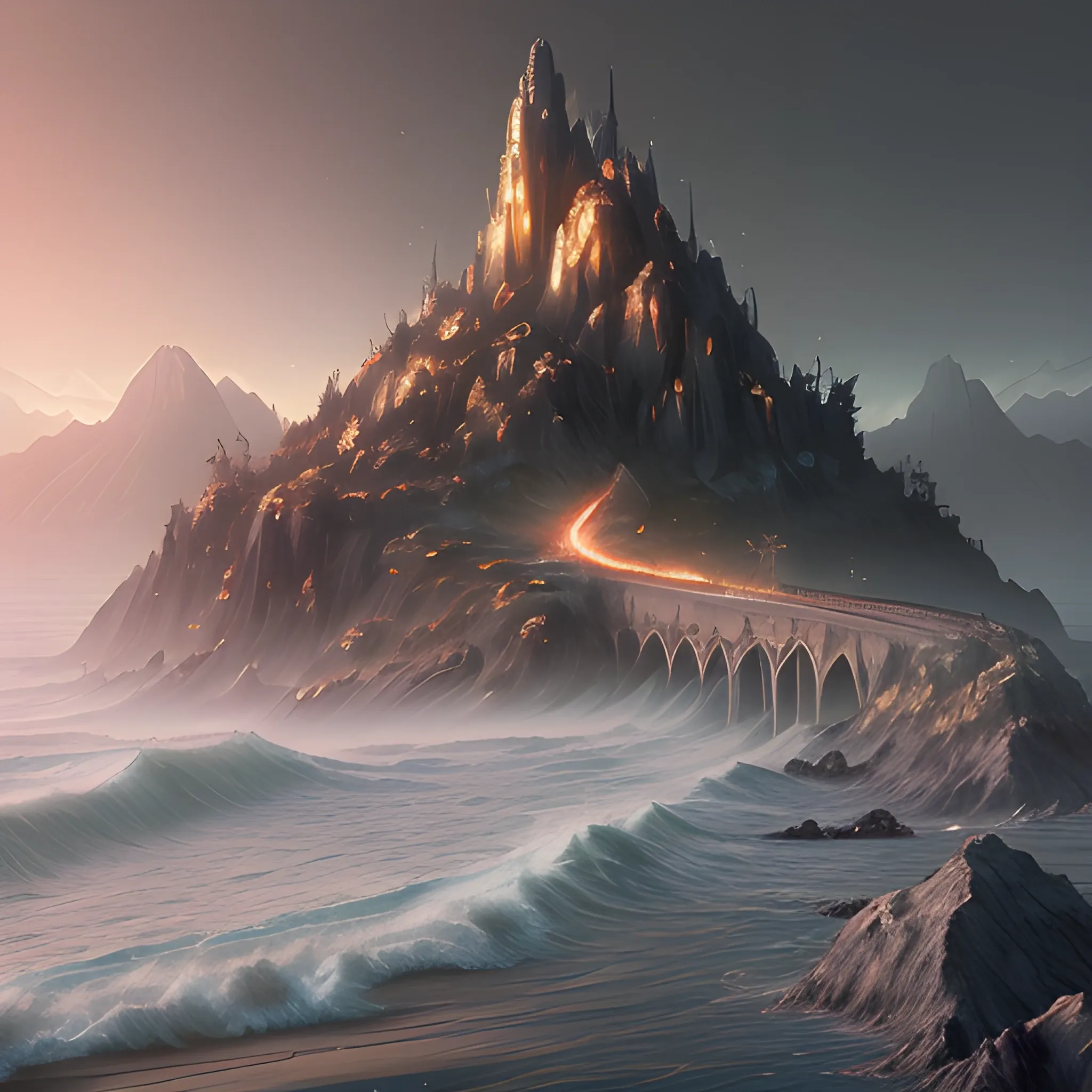 Beautiful hill view of sunrise over ocean and mountains, highly detailed, epic, cinematic, stylized, photographic, high resolution, 8k, never before seen, paradise scene, spiritual sky, holocaust. muted colors:1 4, flood, ocean, texture of planet jupiter on waves:1.4, deep water, light reflections, luminous particles, muted colors, detail, glitch art, dark environment, 8k, oil painting, mixed technique digital art, digital painting, ultra smooth, fluid, 3d fractals:1. 4, light particles, spirit ink, smooth, shimmering, dreamy glow, 16k, sf, complex art masterpiece, sinister, matte film poster, golden ratio, intricate, epic, highly detailed, bright, production cinematic rendering ultra-high quality, epic realistic, faded, ((neutral colors)), art, (hdr:1. 5), (muted colors:1.2), hyperdetailed, (artstation:1.5), cinematic, warm light, dramatic light, (complex details:1.1), complex background, 3D, Water Color