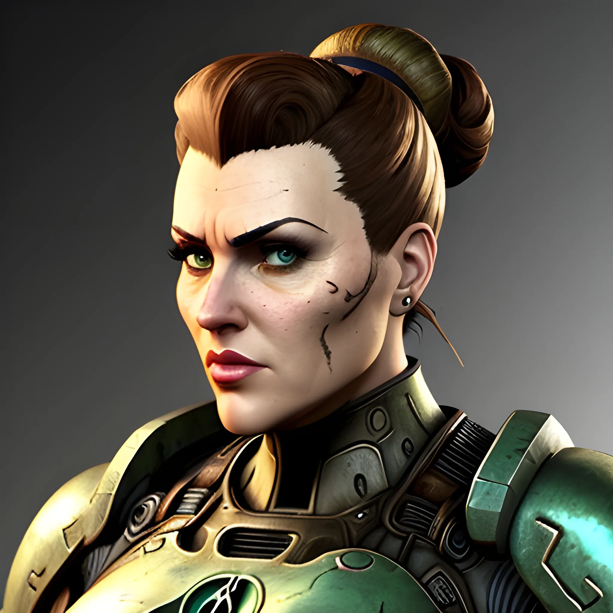 masterpiece, 34 strong fat girl from Fallout 4, brotherhood of steel armor, pine-green eyes, brown hair tied into a bun