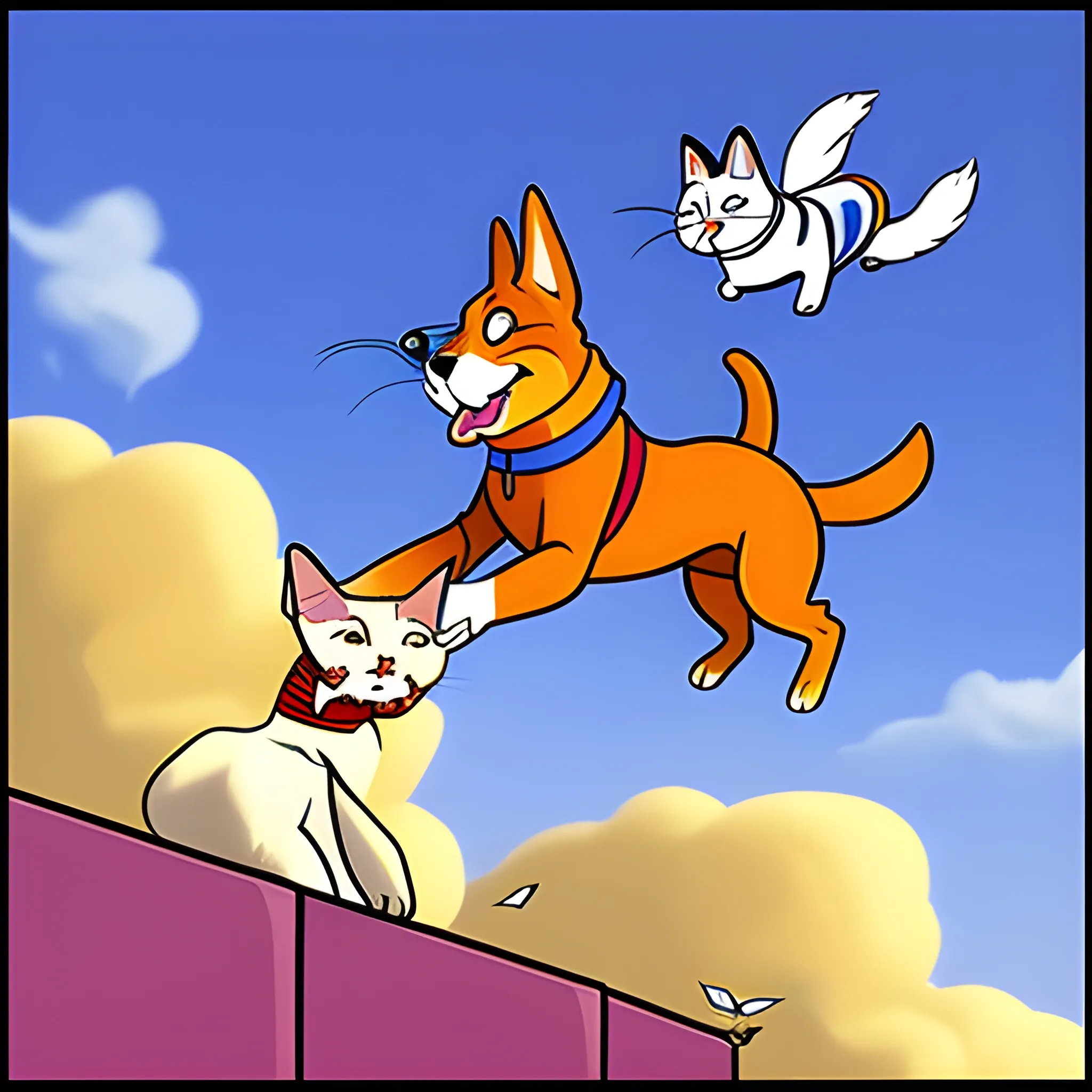 , Cartoon small dog and cat flying