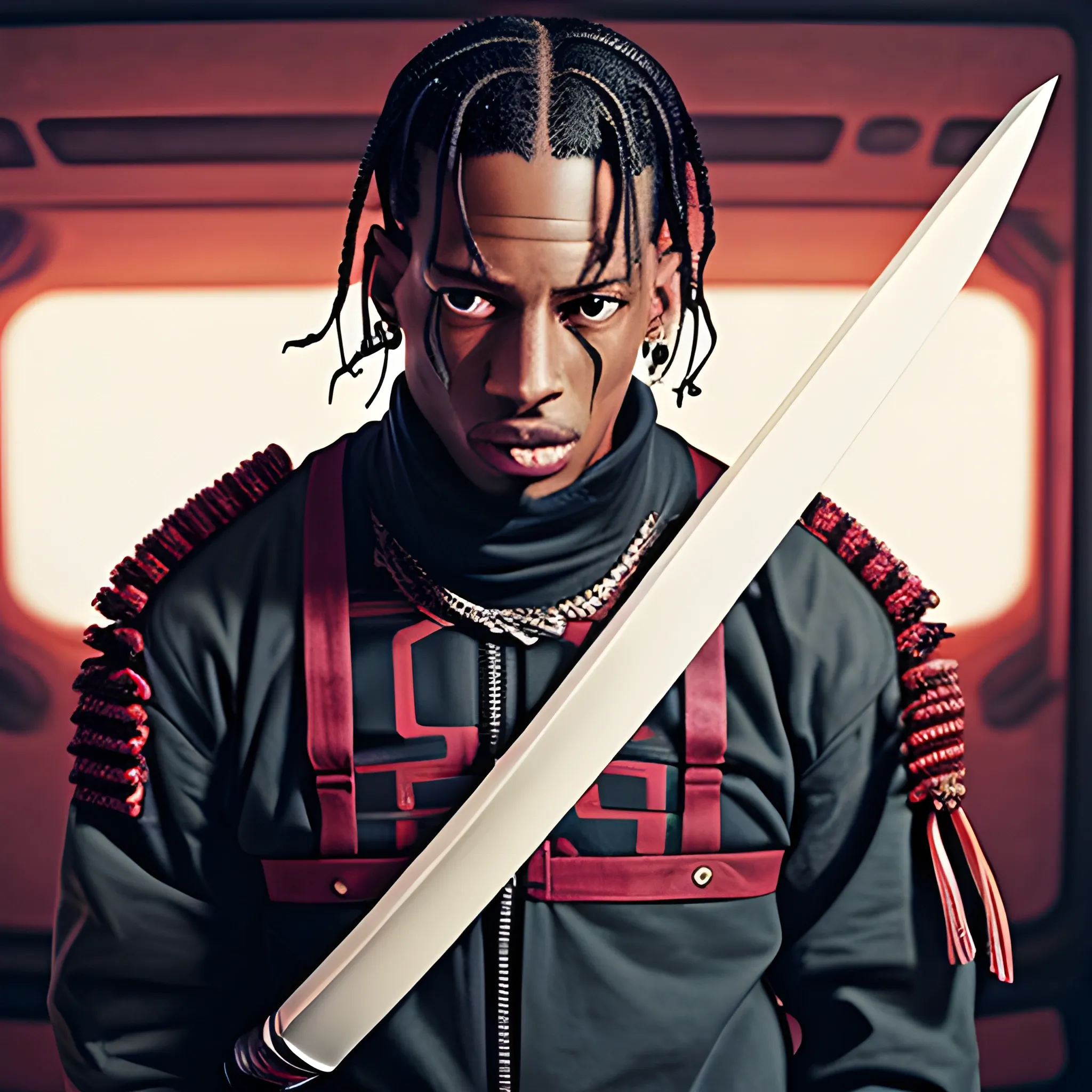 Travis Scott con una katana en el espacio