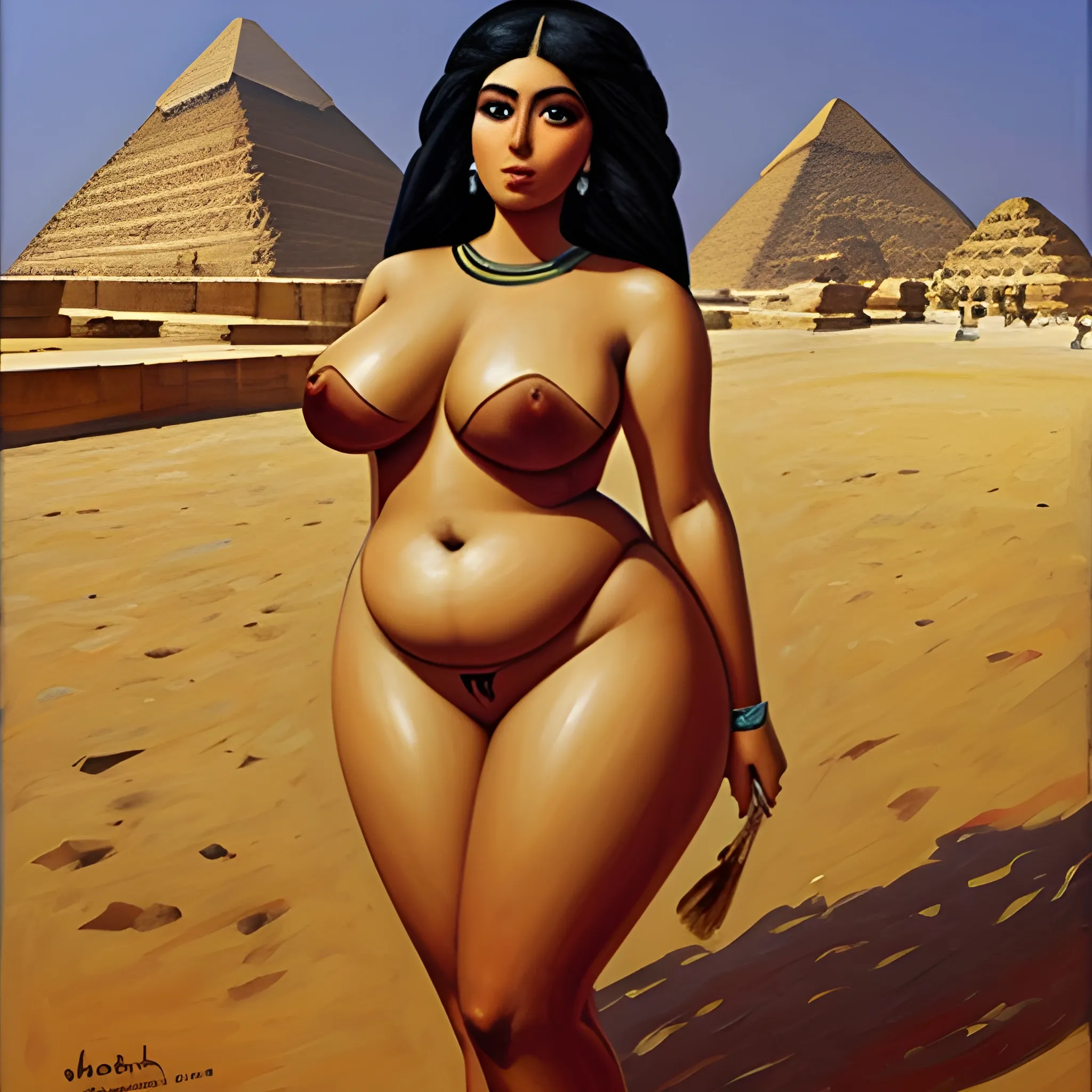 beautiful thick Egyptian woman, wide hips, with the Giza pyramids in the background, Oil Painting