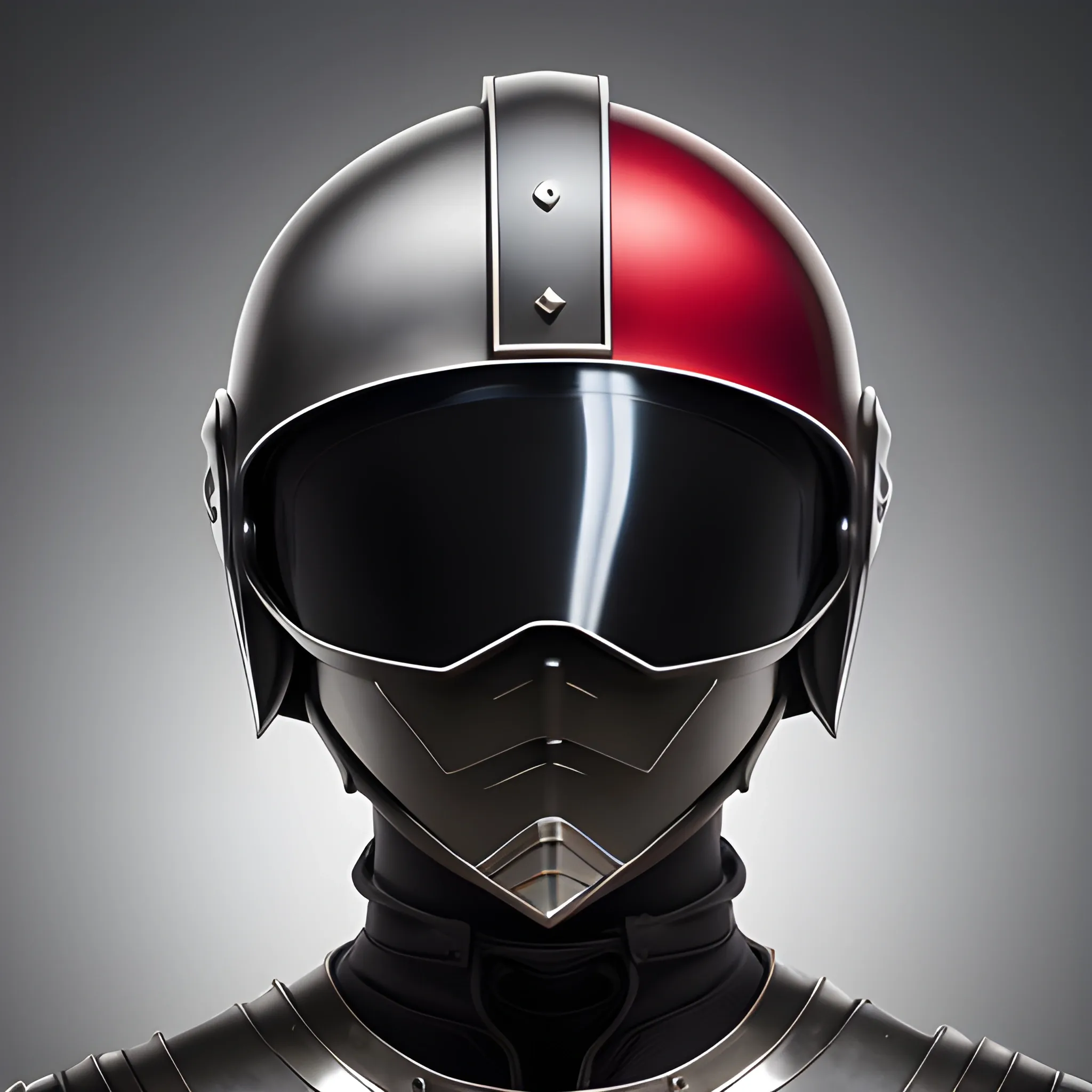 "Within the avatar's frame, a white knight emerges, their armor a harmonious blend of medieval and futuristic elements. The centerpiece is the helmet, a stunning masterpiece that demands attention. The front of the helmet is pristine white, gleaming with a polished finish that reflects the light. As the eye traces towards the back, it transitions seamlessly to a deep black, adding an air of mystery.

The helmet boasts a unique V-shaped design that encompasses both the front and back sections. The front, reminiscent of a knight's visor, has a sleek and angular shape that evokes modern sophistication. Enhanced with a heads-up display, the visor provides crucial information and tactical insights to the knight.

As the helmet extends towards the back, it transforms into a sweeping curve of obsidian black. The black surface features subtle engravings that pay homage to medieval craftsmanship. The contrasting colors and shapes symbolize the knight's ability to bridge the past and the future.

Set against a backdrop of vibrant red and white, this avatar captivates with its futuristic yet medieval aesthetic. The combination of the white front and black V-shaped back of the helmet, along with the harmonious color palette, conveys a sense of strength, elegance, and enigmatic allure."