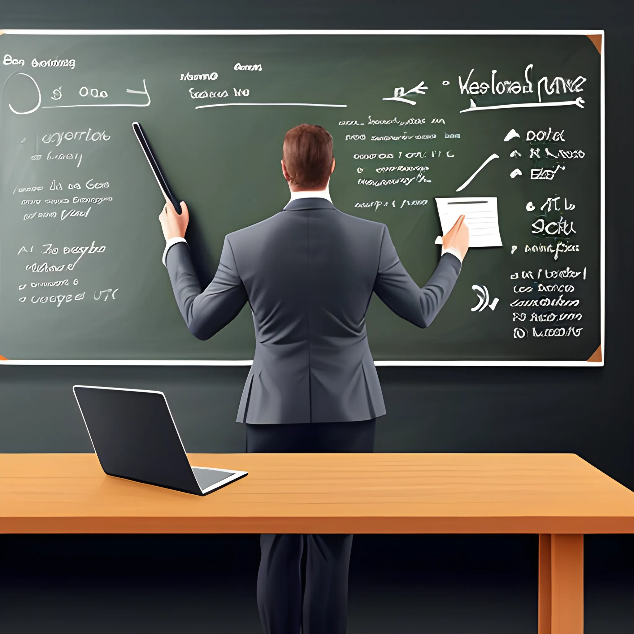 Design an image of a person standing in front of a chalkboard, teaching a class of students who are taking notes on their laptops or tablets. The chalkboard should display various concepts and strategies related to making money online, such as SEO, email marketing, and social media promotion, Cartoon