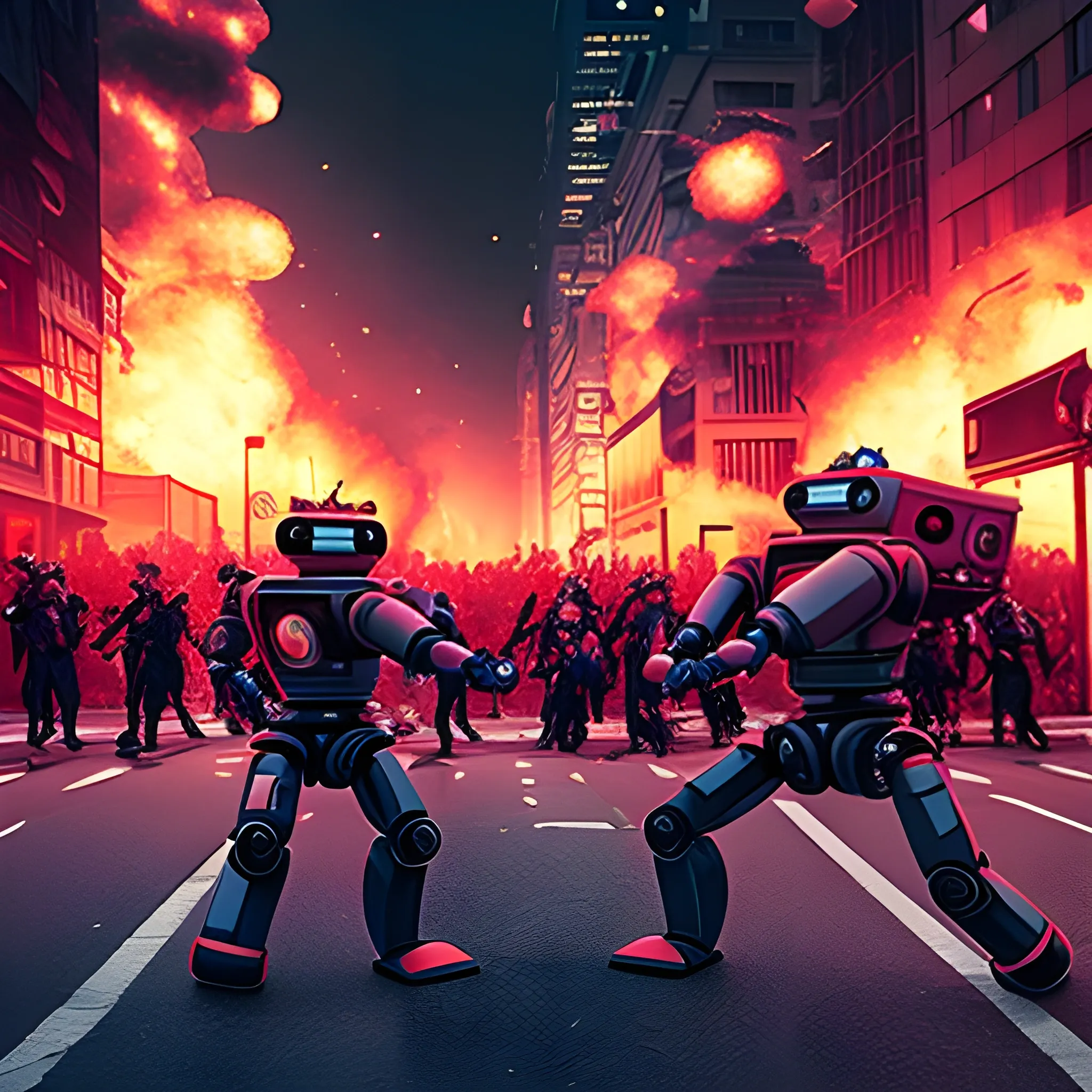 City in fire, people fighting against robots in the street, Trippy