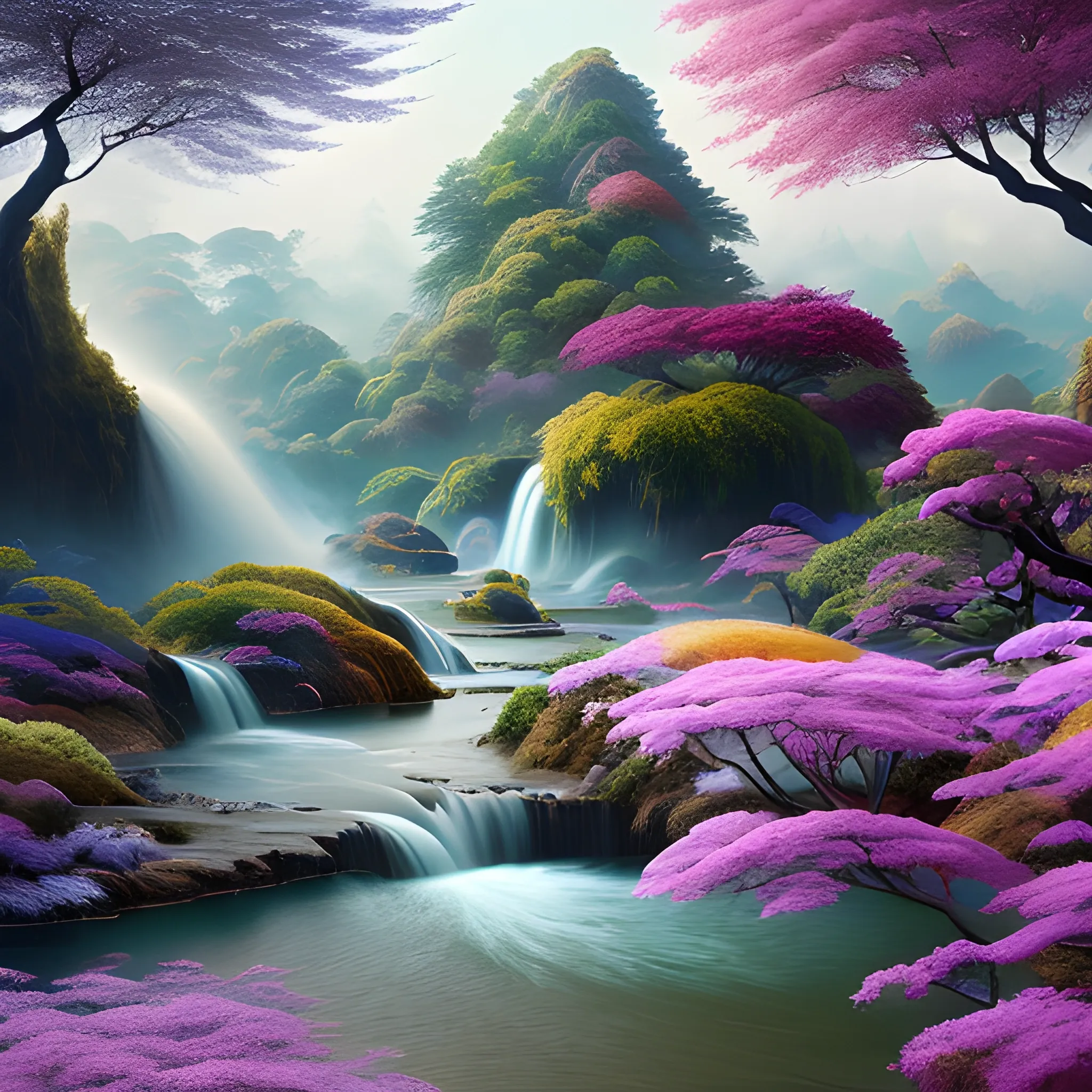 (by Ananta Mandal (and Andrew Biraj:0.5)), (in the style of nihonga), Style: Abstract, Medium: Digital illustration, Subject: An otherworldly landscape with floating islands, cascading waterfalls, and vibrant flora and fauna. Camera Angle: Overhead shot capturing the vastness and intricate details of the scene. The colors are saturated, and the lighting creates a warm and ethereal atmosphere. The painting is highly detailed, with every brushstroke capturing the complexity of the imaginary world., (high quality), (detailed), (masterpiece), (best quality), (highres), (extremely detailed), (8k)