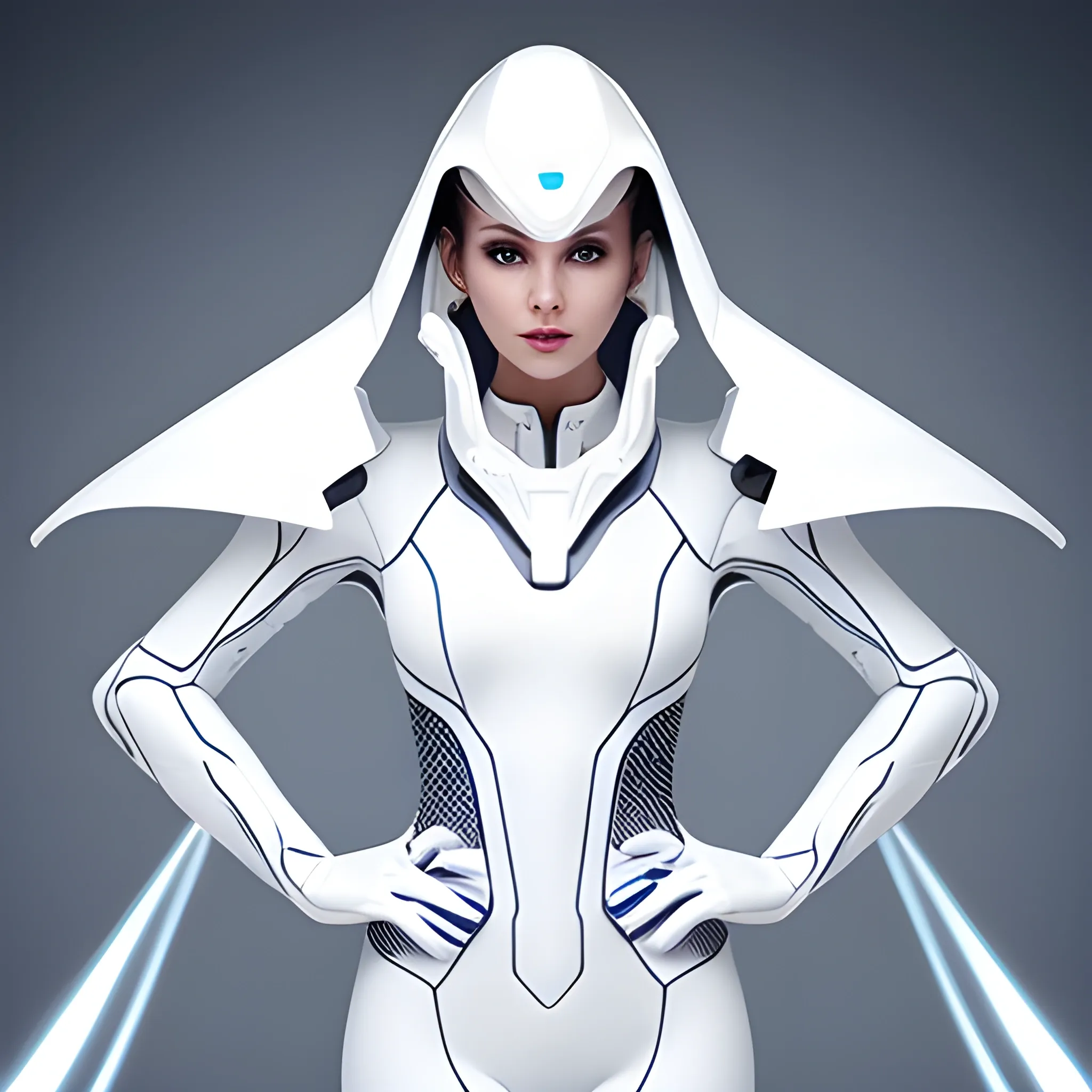 a beautiful woman dressed in futuristic white clothing