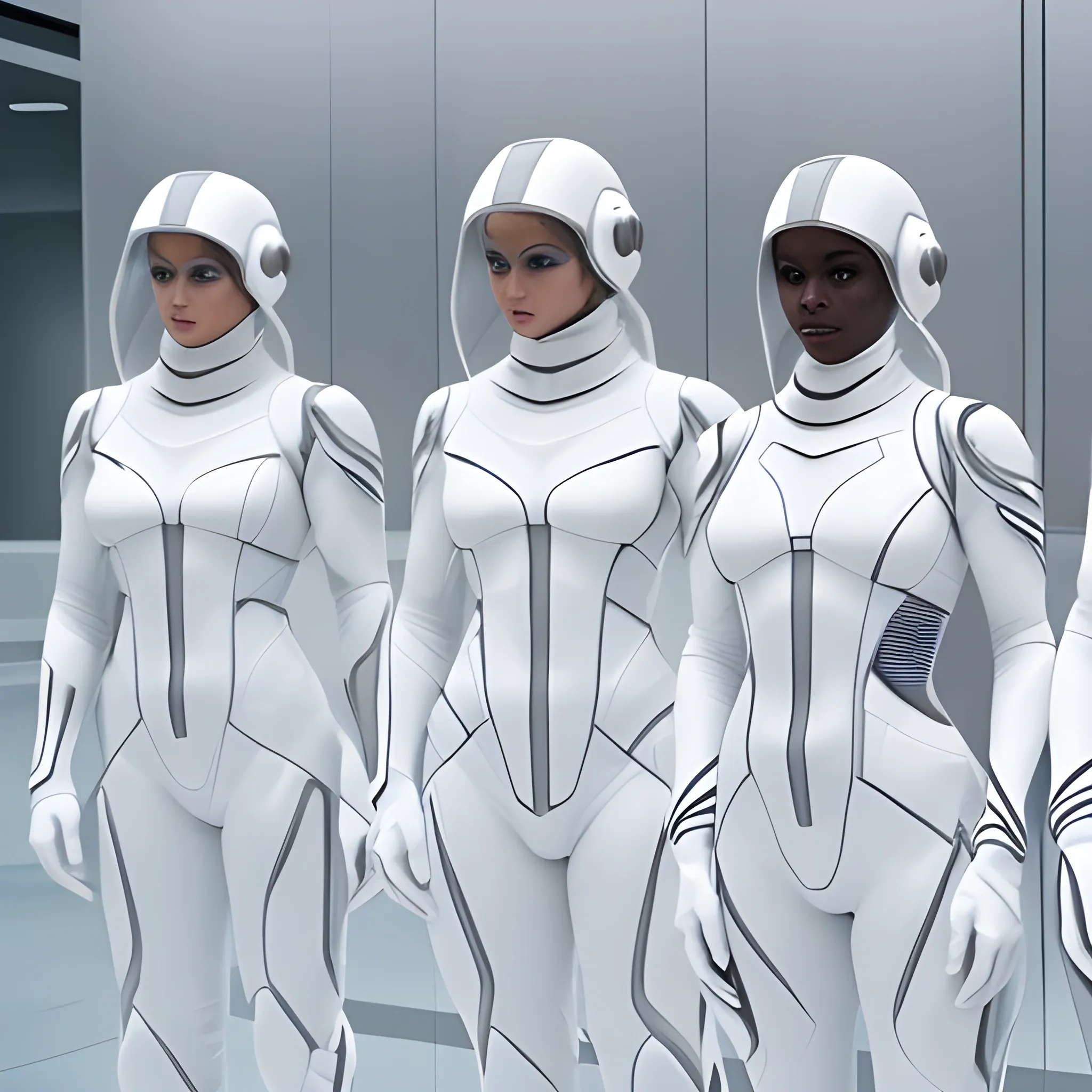 a group of people dressed in futuristic white clothing