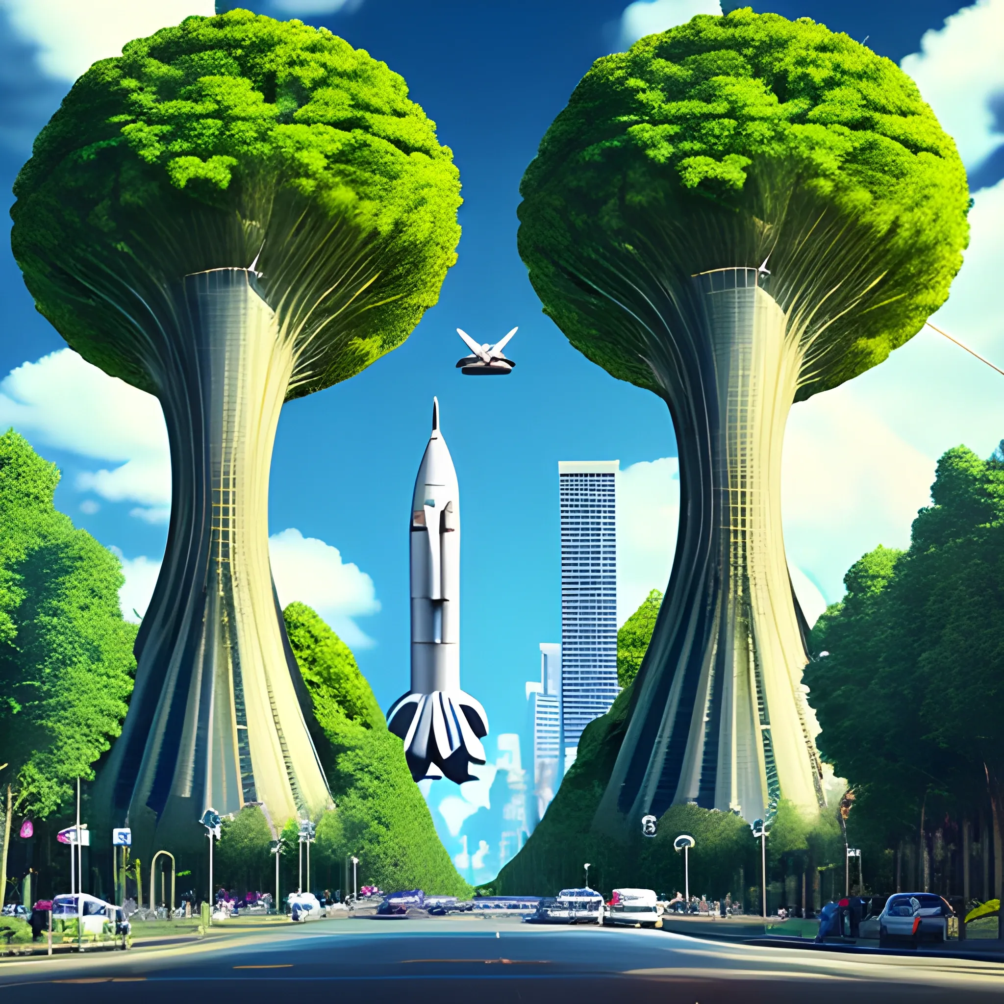 A city full of technology with trees in the middle and space shuttles in the sky, Trippy