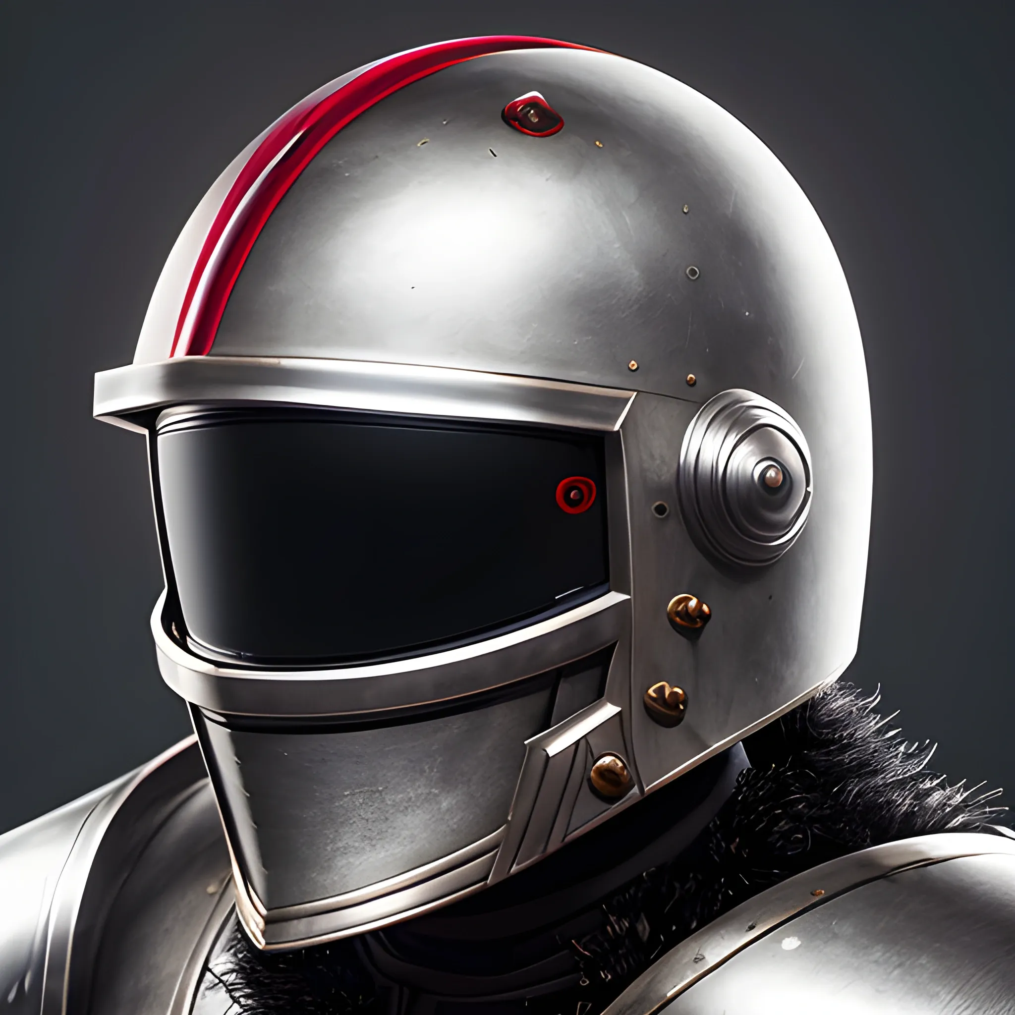 The image showcases a helmet worn by a black knight, adorned with feather details and accents of white in the armor. The helmet, while maintaining its medieval essence, incorporates subtle futuristic elements. Embedded within the design are lines, minimalistic lights, and a heads-up display subtly integrated into the visor. These futuristic touches add a touch of modernity to the otherwise traditional appearance, knight's helmet, feather details, touches of red in the armor, futuristic elements, raised textures, metallic reflections, subtle shadows, tinted visor, LED lights, heads-up display, carefully placed lights, pronounced contrasts, 8k resolution