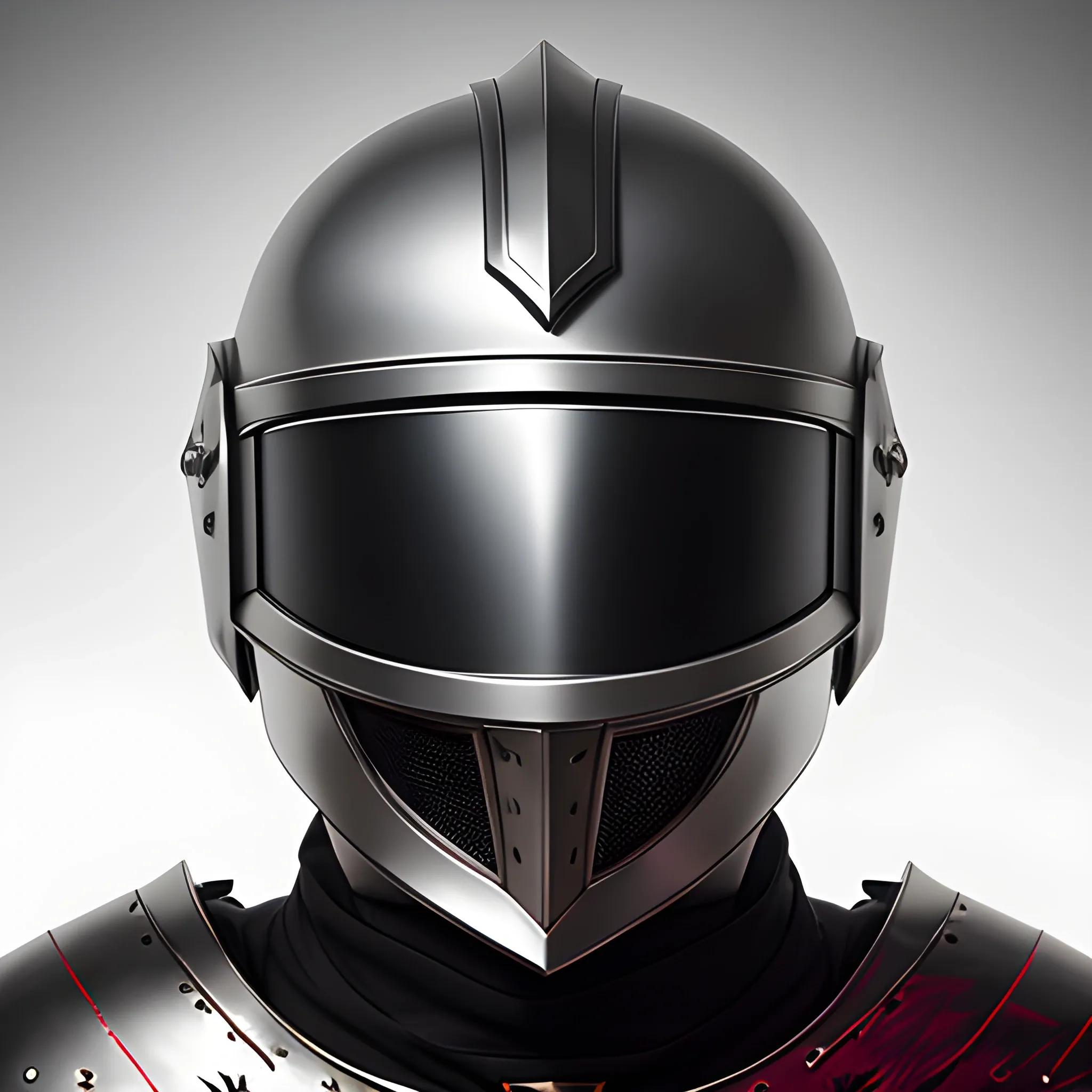 The image showcases a helmet worn by a black knight, adorned with feather details and accents of white in the armor. The helmet, while maintaining its medieval essence, incorporates subtle futuristic elements. Embedded within the design are lines, minimalistic lights, and a heads-up display subtly integrated into the visor. These futuristic touches add a touch of modernity to the otherwise traditional appearance, knight's helmet, feather details, touches of red in the armor, futuristic elements, raised textures, metallic reflections, subtle shadows, tinted visor, LED lights, heads-up display, carefully placed lights, pronounced contrasts, 8k resolution