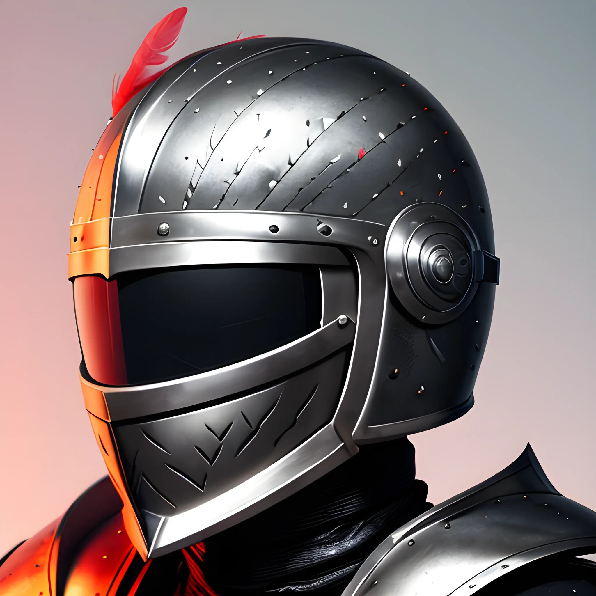 The image showcases a helmet worn by a black knight, adorned with feather details and accents of white in the armor. The helmet is inspired in the ravens, while maintaining its medieval essence it incorporates subtle futuristic elements. Embedded within the design are lines, minimalistic lights, and a heads-up display subtly integrated into the visor. These futuristic touches add a touch of modernity to the otherwise traditional appearance, knight's helmet, feather details, touches of red in the armor, futuristic elements, raised textures, metallic reflections, subtle shadows, tinted visor, LED lights, heads-up display, carefully placed lights, pronounced contrasts, 8k resolution