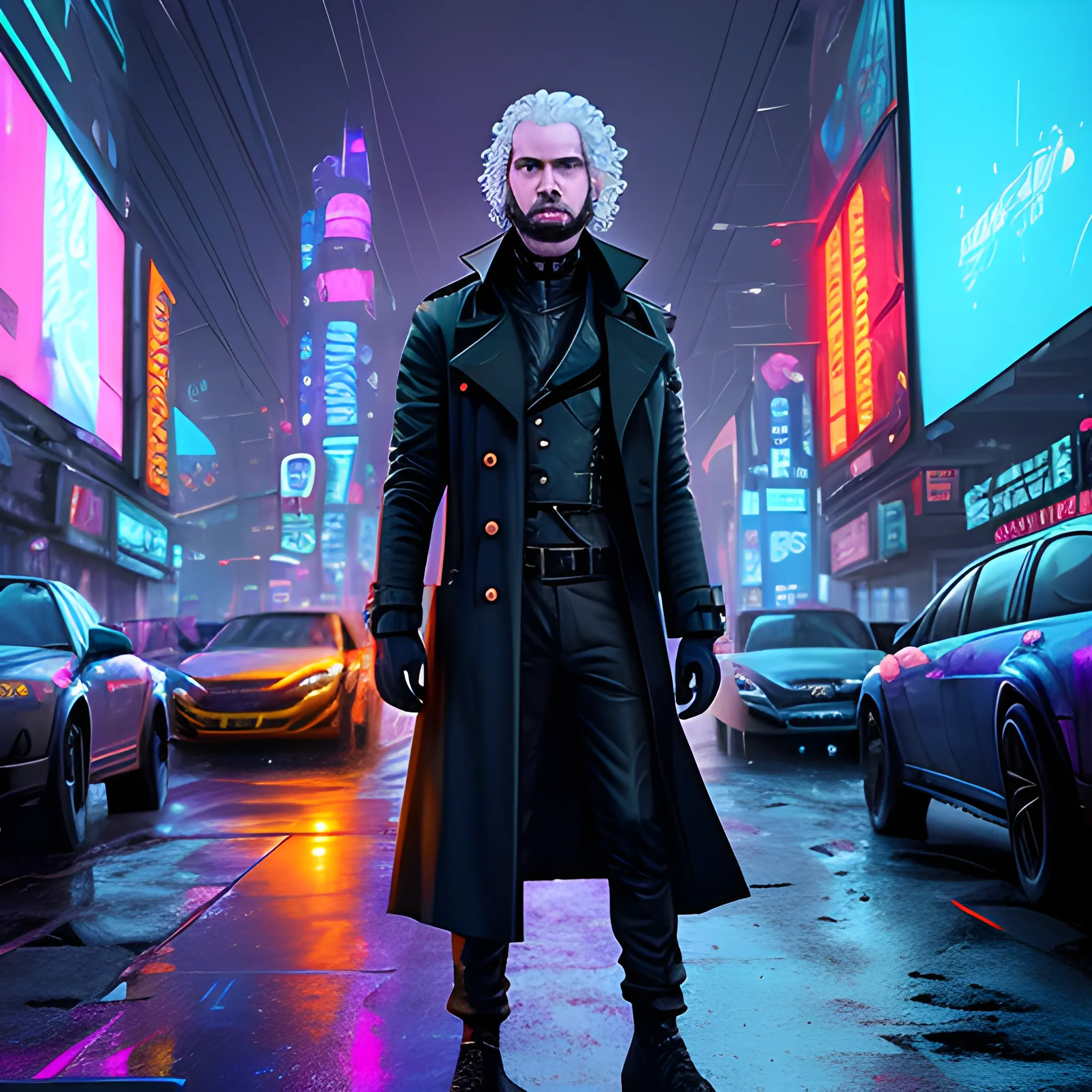 John Snow, a futuristic cyberpunk detective, takes a quick sip from a glowing neon-infused hype energy drink in the heart of a bustling metropolis. Surrounded by towering skyscrapers adorned with holographic billboards, he stands on a rain-soaked street, illuminated by the neon reflections on the wet asphalt. The air crackles with the sounds of passing hovercars, and the distant hum of the city gives an electric vibe. John's trench coat flutters in the breeze, revealing a glimpse of his cybernetic enhancements. Photography, prime lens, 3D