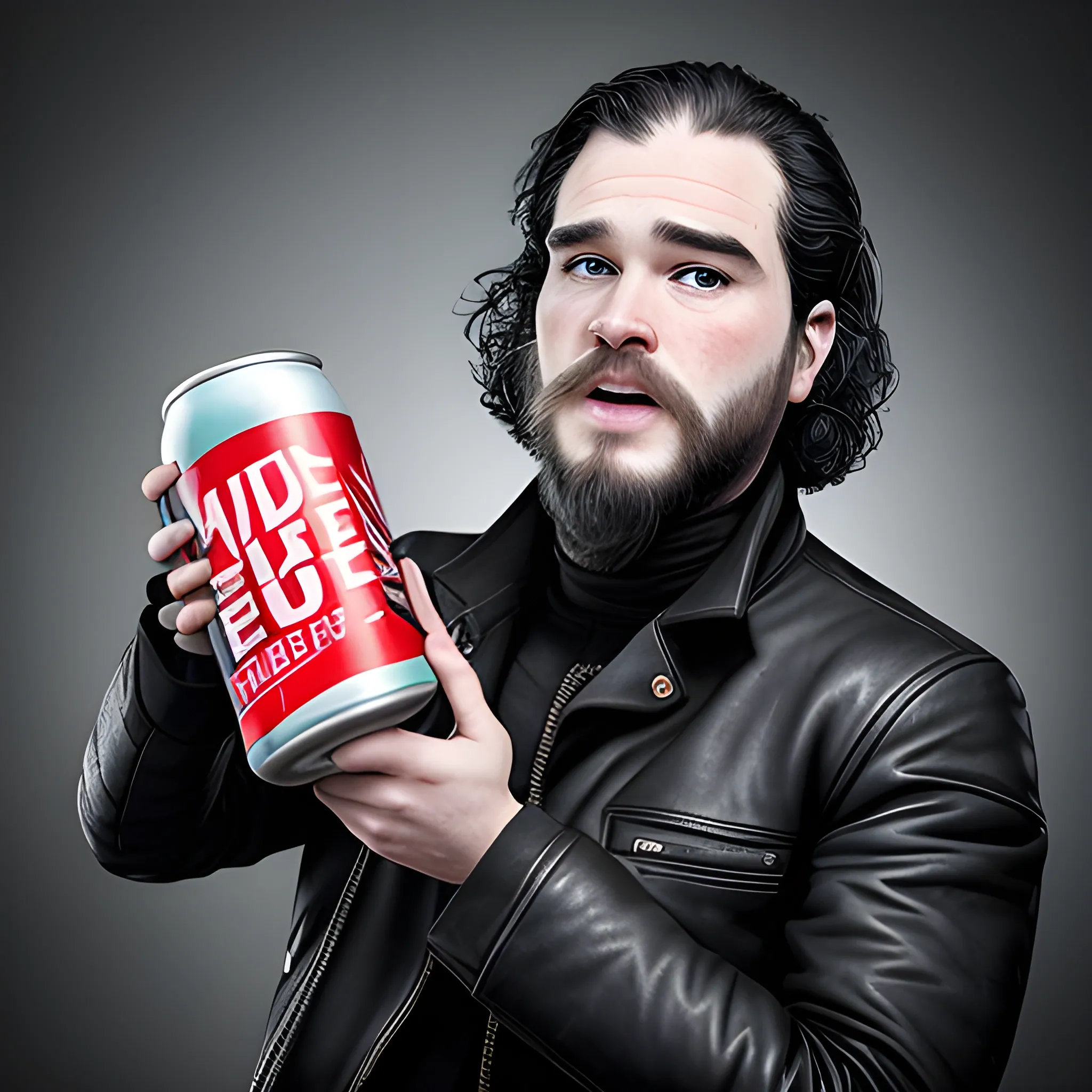 John Snow, a middle-aged man with short, dark hair and a rugged beard, is holding a can of Hype Energy Drink. He is dressed in casual attire, wearing a black leather jacket and jeans. His facial expression shows excitement and anticipation as he raises the can to his lips, ready to take a sip. The can of Hype Energy Drink is sleek and metallic, with vibrant colors and bold branding.