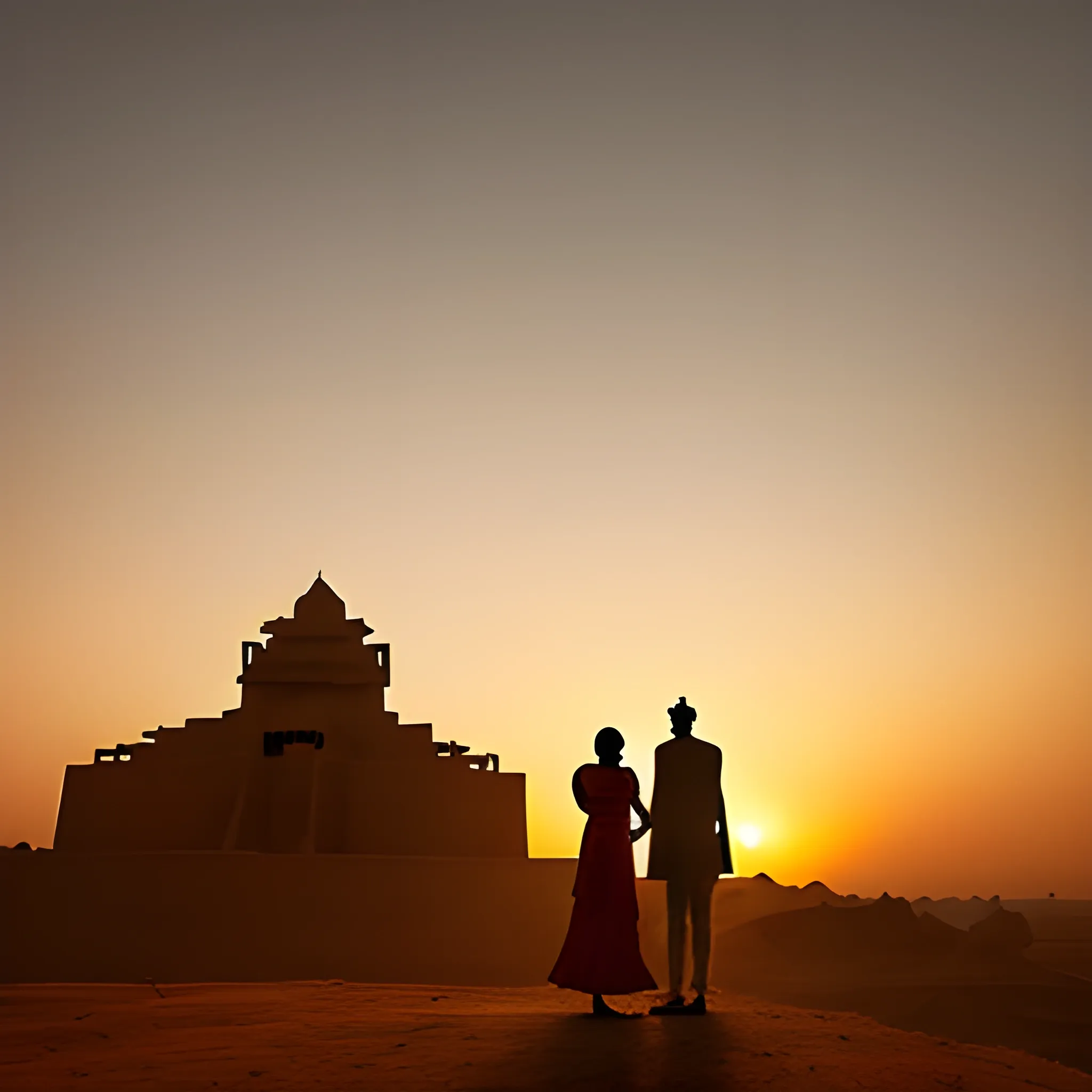 silhouette of a king and queen standing on top of a hill as the sun sets, wide angle lens, sony alpha, in the distance we can see the details of the amazing architecture from indus valley civilisation, digital art