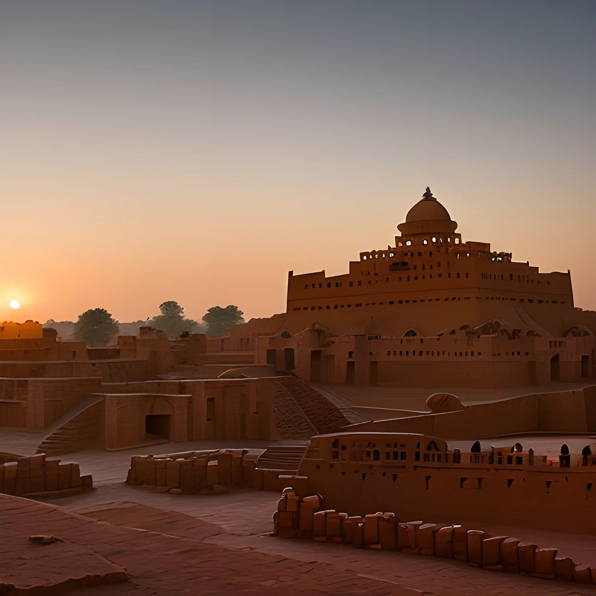 silhouette of people wearing attire from indus valley times, a king and queen, and a priest and a full royal family standing on top of a hill as the sun sets, wide angle lens, sony alpha, in the distance we can see the details of the amazing architecture from indus valley civilisation, with buildings, multi story, the whole town, digital art