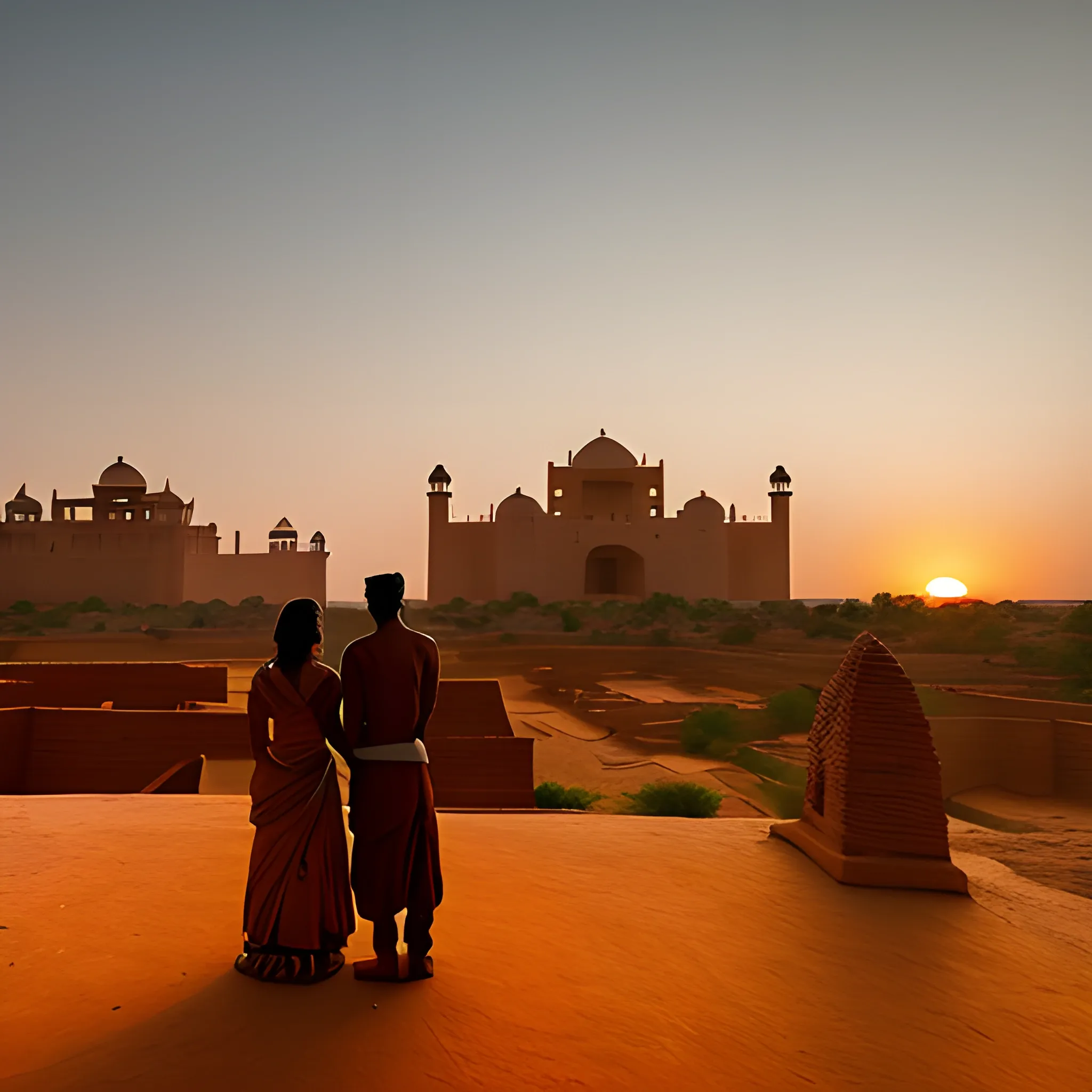 silhouette of a king and queen standing on top of a hill as the sun sets, wide angle lens, sony alpha, in the distance we can see the details of the amazing architecture from indus valley civilisation, with buildings, multi story, the whole town, digital art