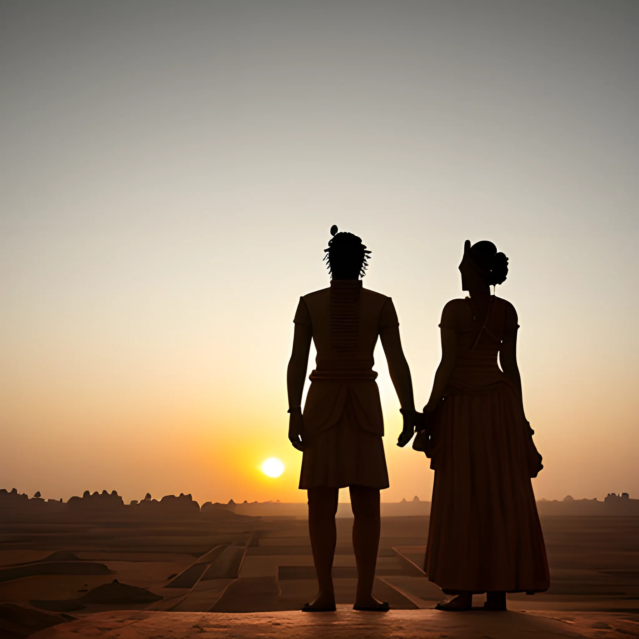 silhouette of a king and queen standing on top of a hill as the sun sets, wide angle lens, sony alpha, in the distance we can see the details of the amazing architecture from the ancient indus valley civilisation, the whole town with their unique urban planning, digital art