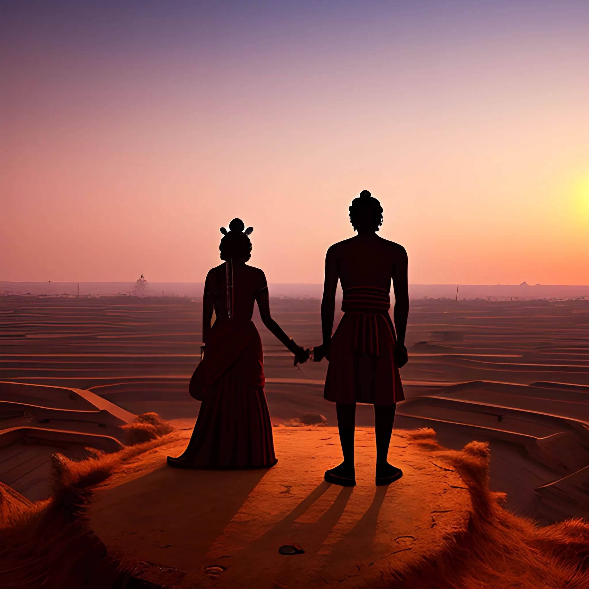 silhouette of a king and queen standing on top of a hill as the sun sets, wide angle lens, sony alpha, in the distance we can see the details of the amazing architecture from the ancient indus valley civilisation, the whole town with their unique urban planning, digital art, photorealistic