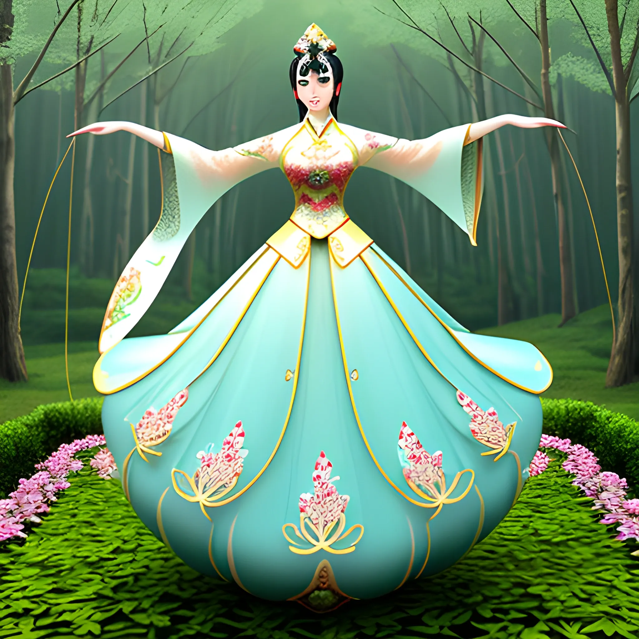 an elegant chinese girl inside the spring forest,delicate face,oval face,Peerless beauty,chinese costume,dynamic pose, tilted composition colorful, Cartoon, 3D, Cartoon