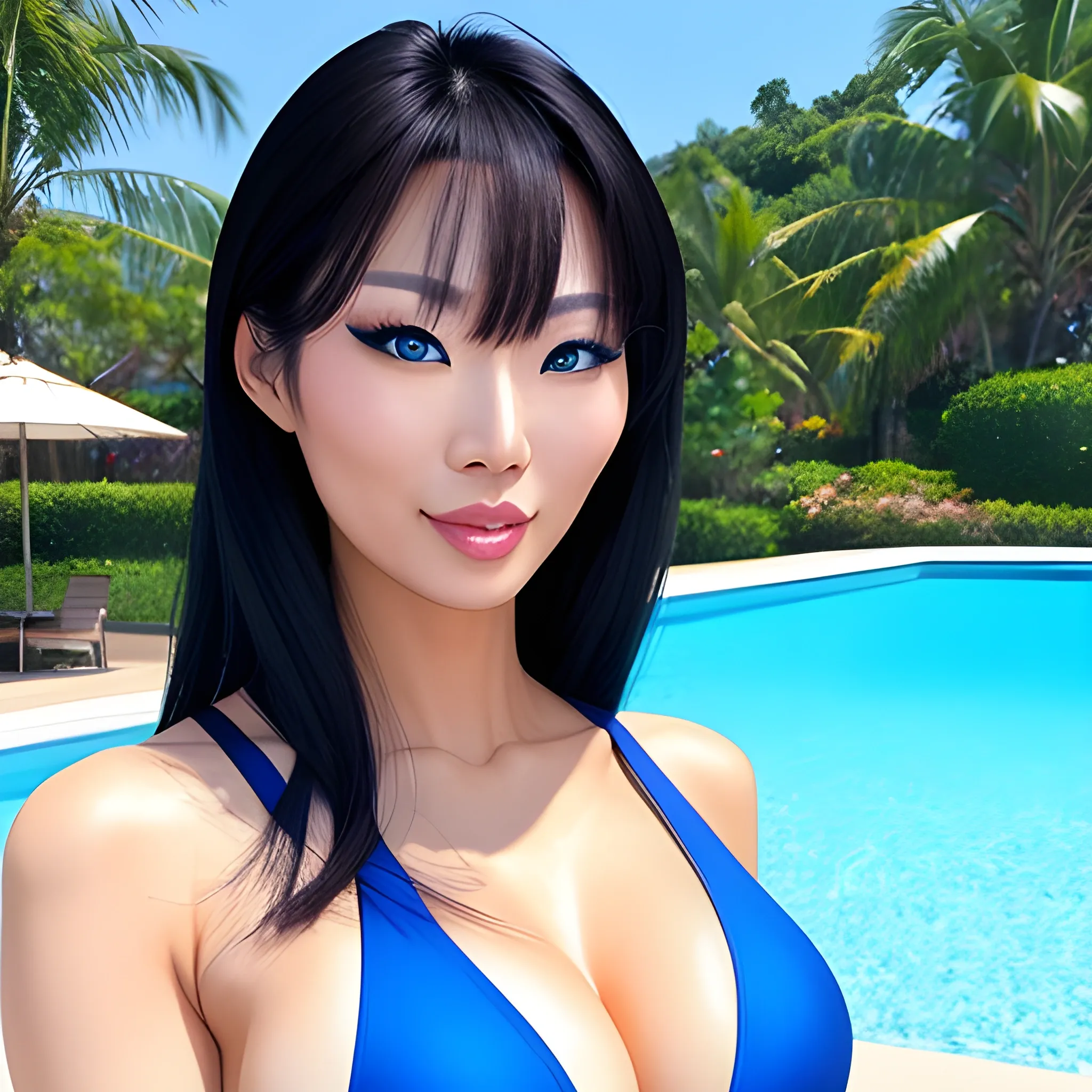a sexy asian girl. Looking at camera, with blue eyes. And using a swimsuit. in a nice day.
you must be realistic and creative.