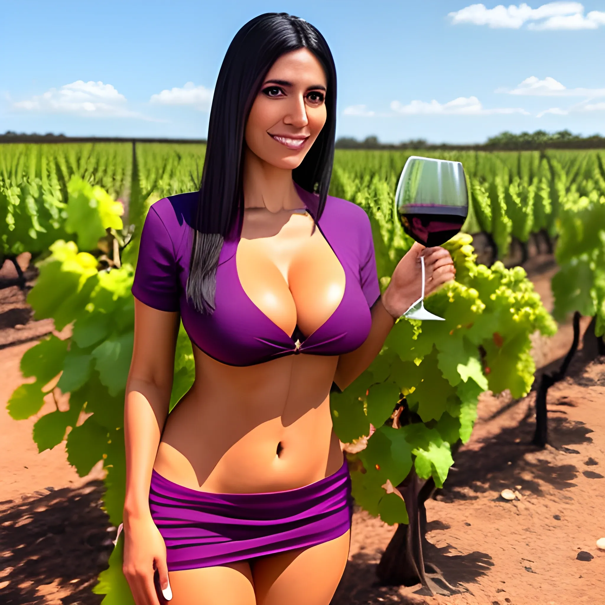 a paraguayan girl in a full body.
 Looking at camera, and in her hands, she must to have a wines grapes.
you must be realistic and creative.
