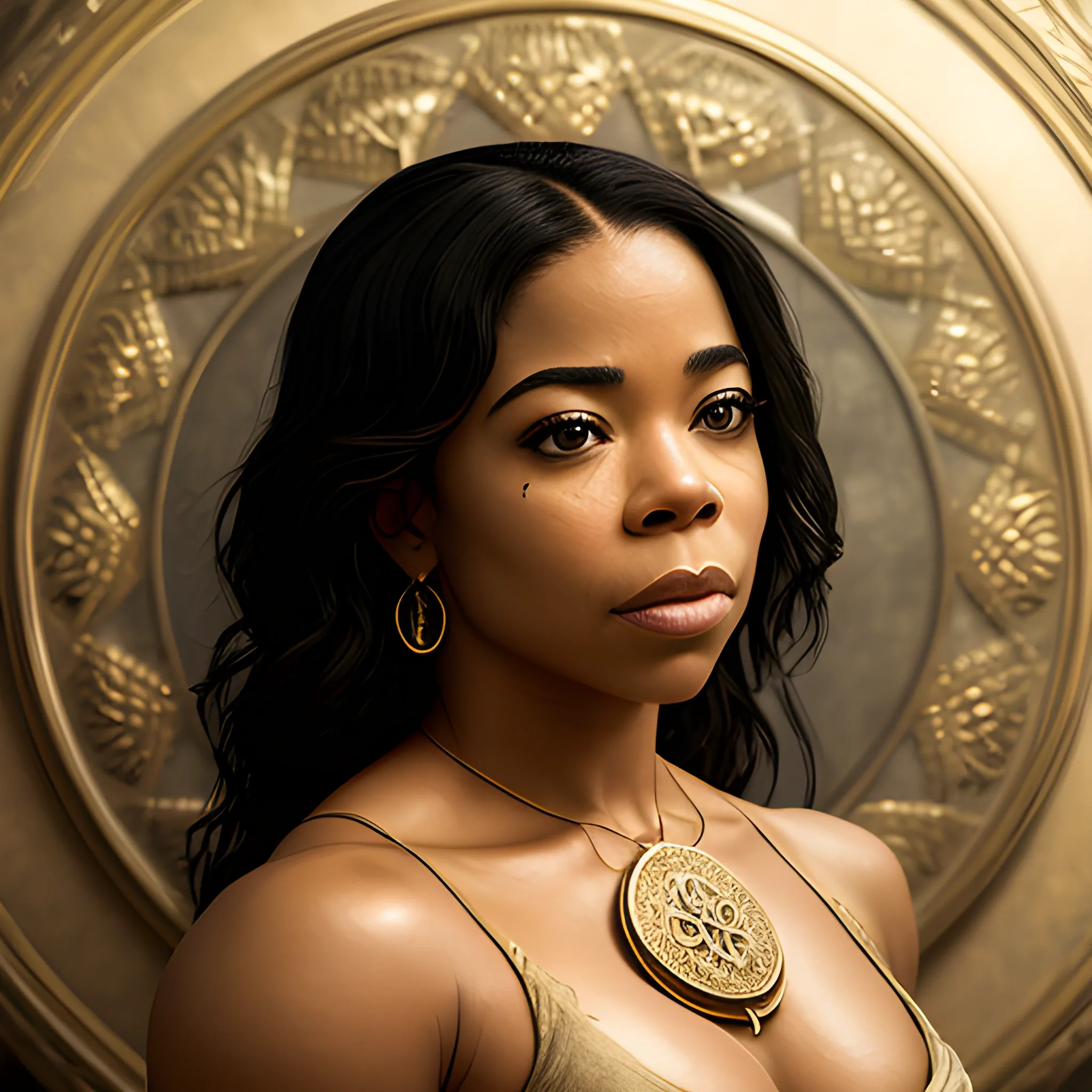 Sharp focus of a Mesmerizing Ethereal regina hall, Iraqi Scars, Medallion, Pathetic background, soft light, Warm Colors, (detailed), (high resolution)