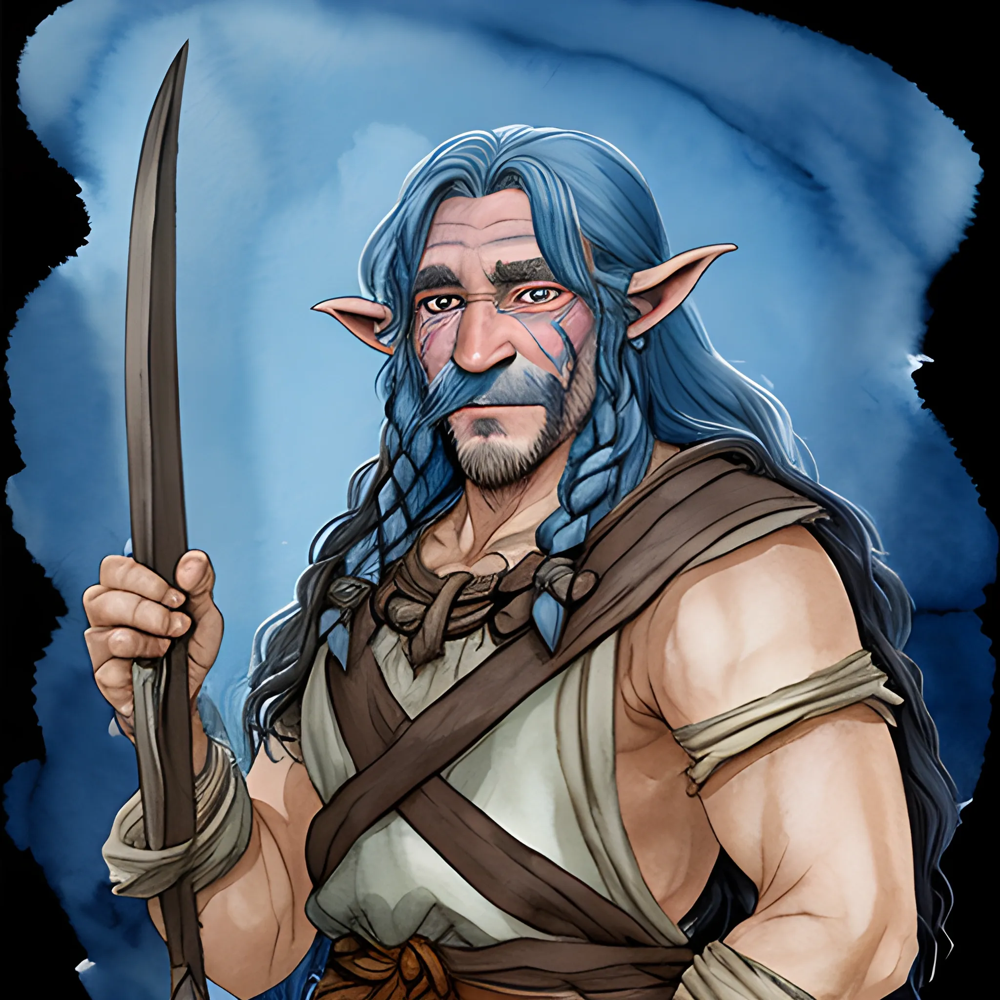 firbolg,  friendly, long hair, big nose, Water Color, black smith, blue skin