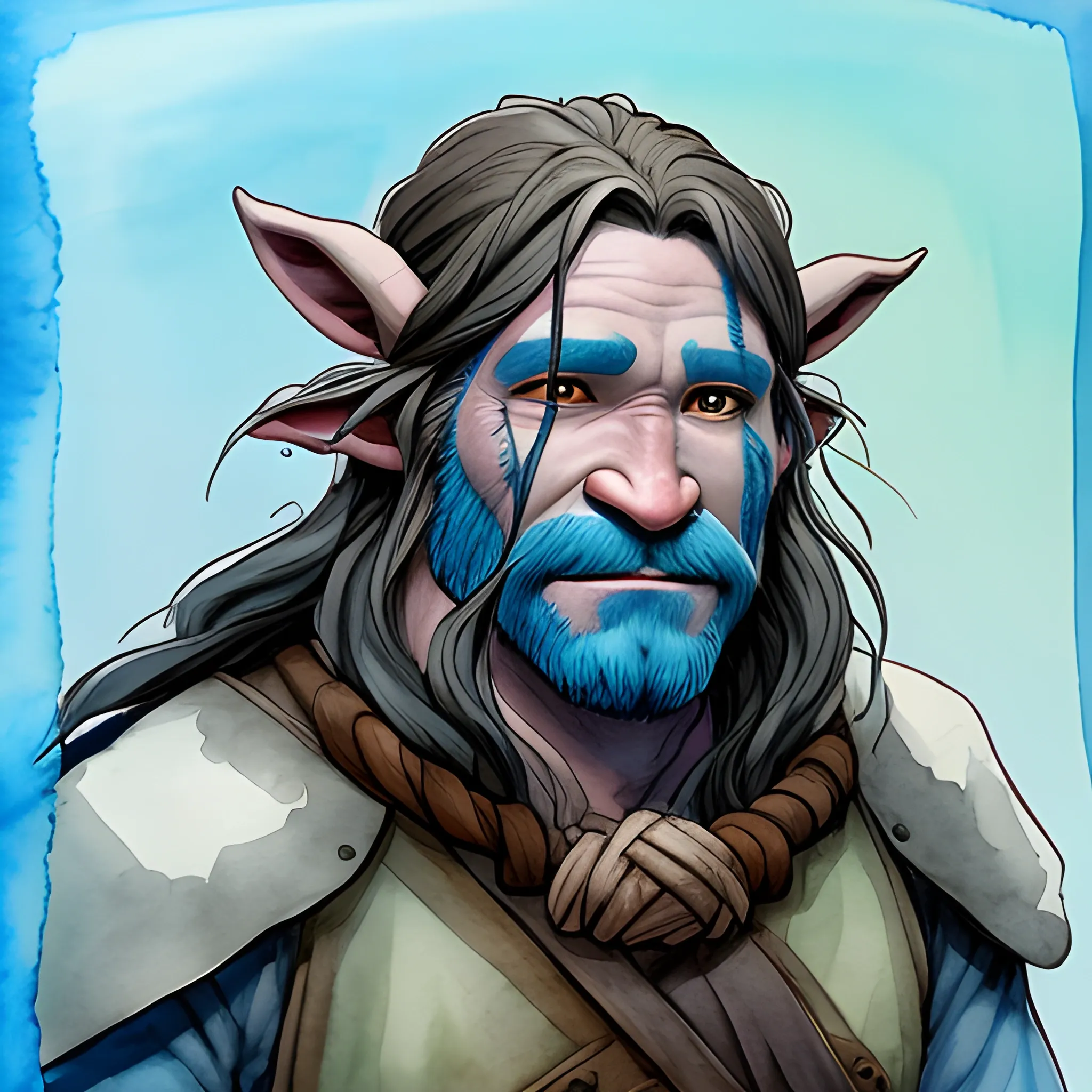 firbolg,  friendly, long hair, big nose, Water Color, black smith, blue skin