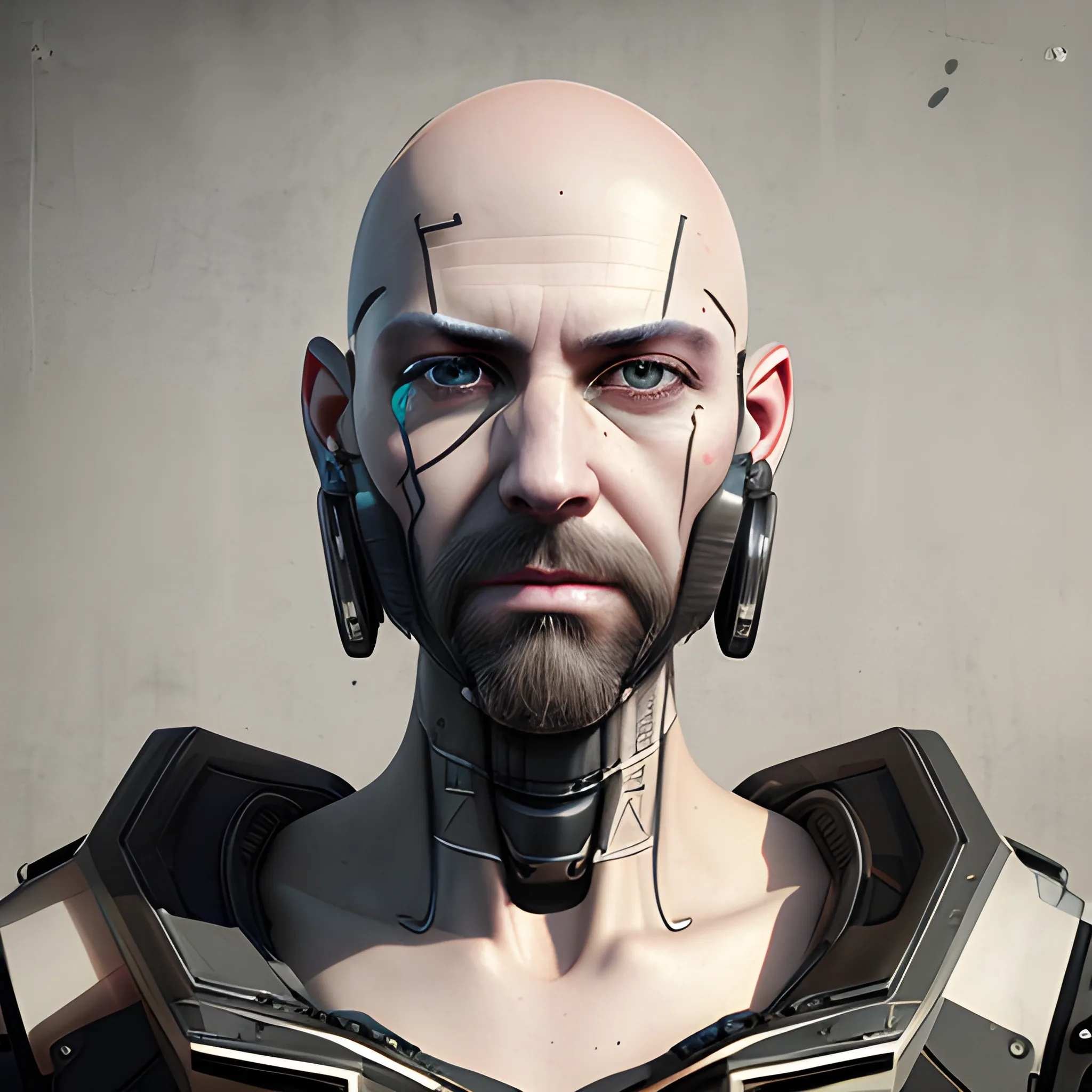 bald shaved hair, with full beard, cyberpunk, robot, Best quality, masterpiece, ultra high res,(photo realistic:1.4), surrealism, dream-like,credenza,Mr_MC_S-ART_V1, <lora:Mr_MC_S-ART_V1:0.9>