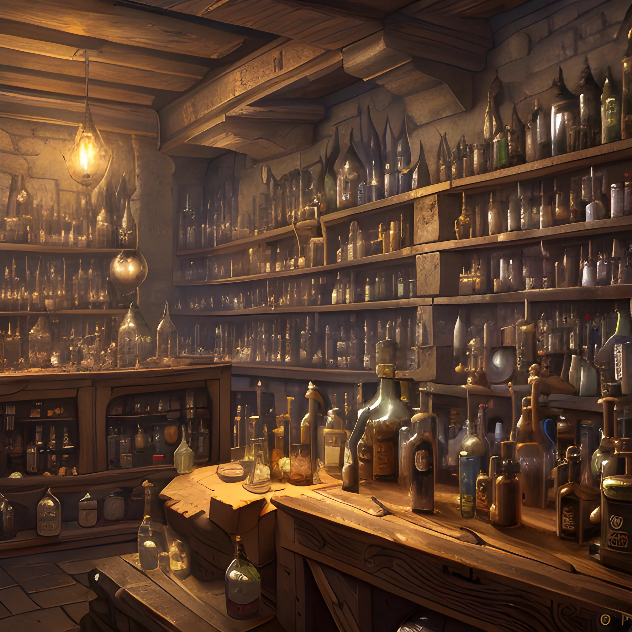 alchemy shop, a lot of bottles, a lot of mixtures on the table, many potions, 8k, high resolution, detailed,  detailed matte painting, deep color, fantastical, intricate detail, splash screen, complementary colors, fantasy concept art, 8k resolution trending on Artstation Unreal Engine 5