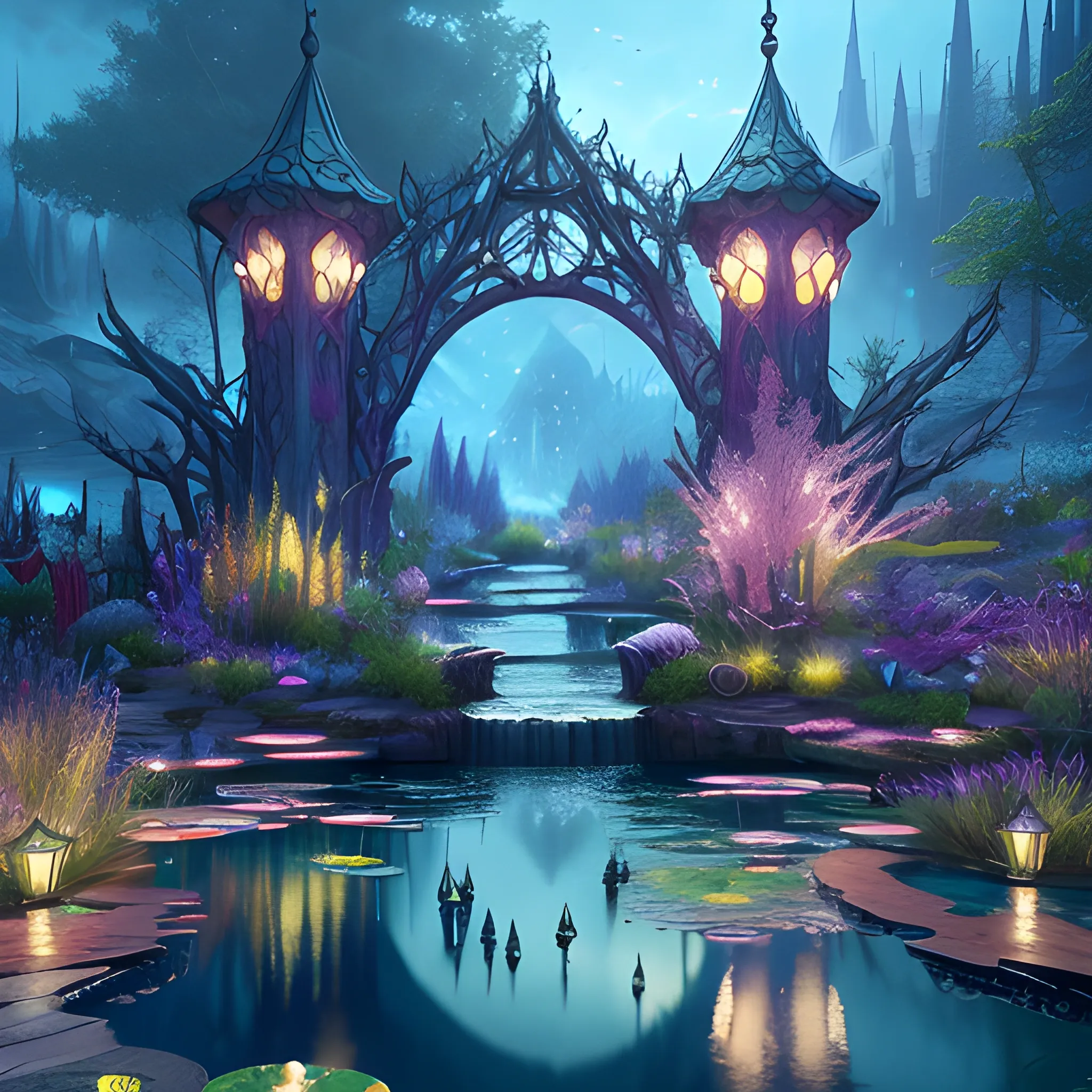 magic pond, beautiful pond, 8k, high resolution, detailed, detailed matte painting, deep color, fantastical, intricate detail, splash screen, complementary colors, fantasy concept art, 8k resolution trending on Artstation Unreal Engine 5