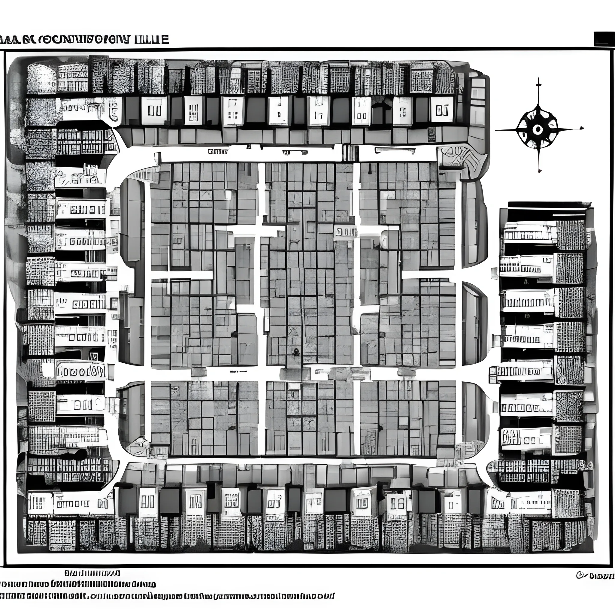 black and white map of a complex facility with many corridors and room
