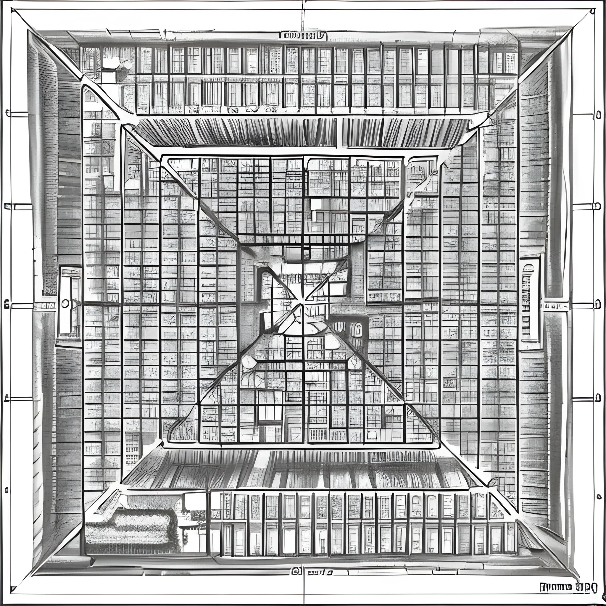 map, simple, black and white, map of a facility with many corridors and rooms, drawn with pencils