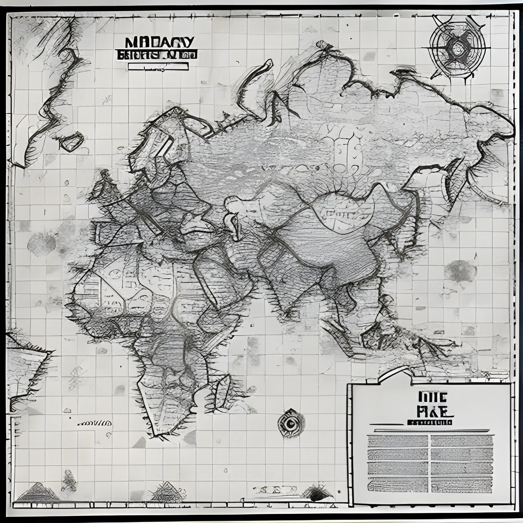 map, simple, black and white, map of a military base with long corridors, drawn with pencils