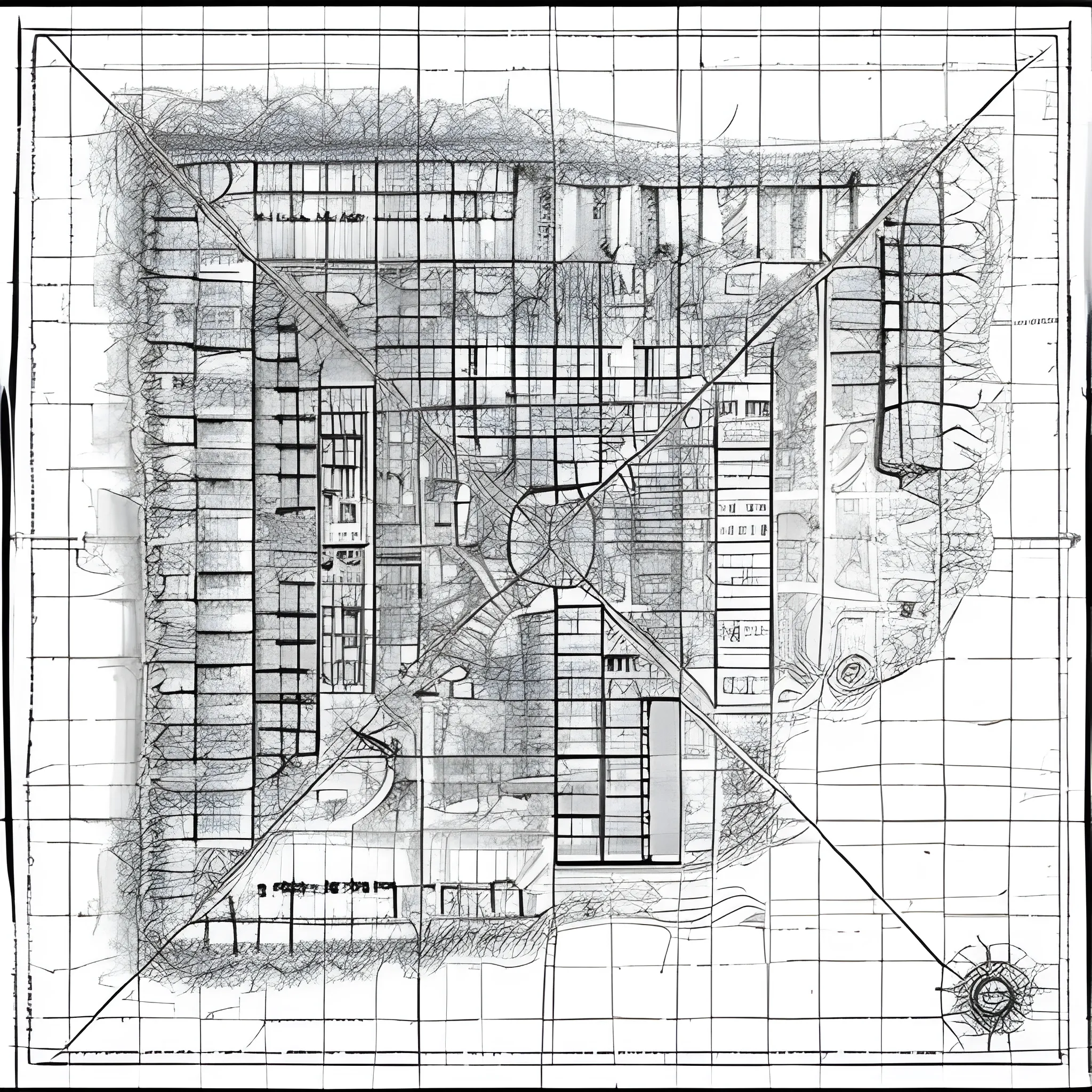 indoors map, simple, black and white, map of a military base with long corridors, drawn with pencils
