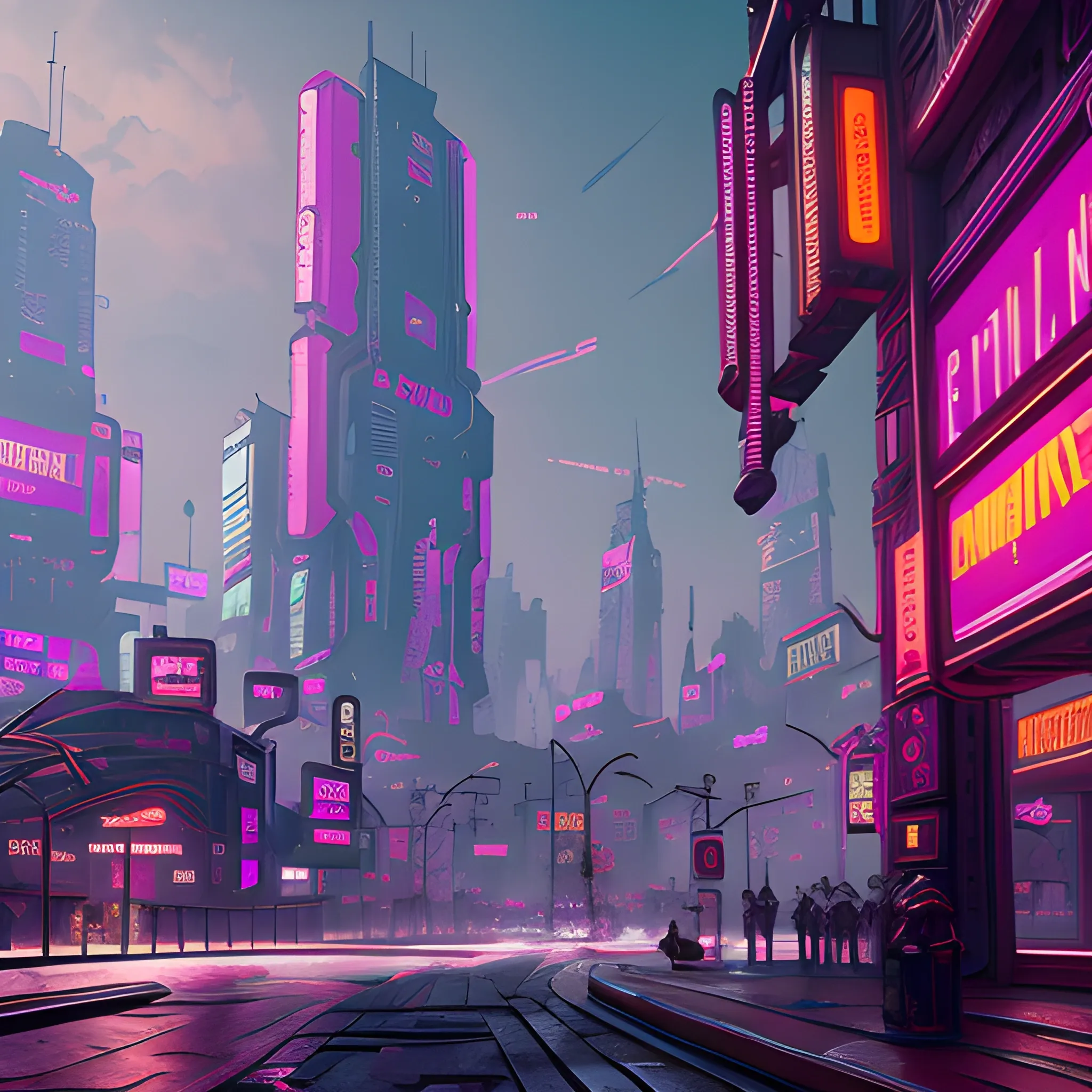 8k, beautiful  city, background of a cyberpunk 2077 Konrad Tomaszkiewicz, purple red color scheme, high key lighting, digital art, highly detailed, fine detail, intricate, ornate, complex