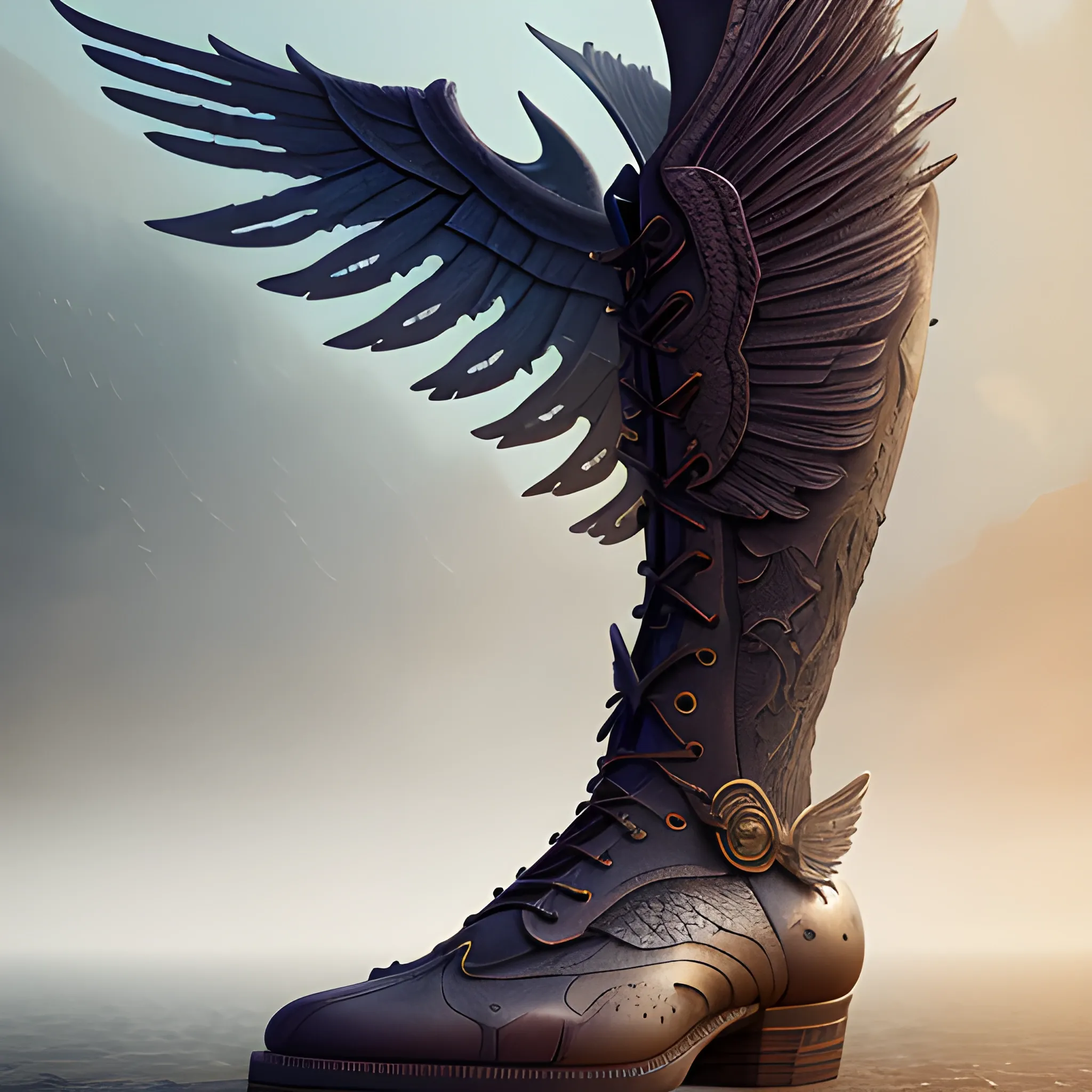 shoes with wings, winged boots, 8k, high resolution, detailed, detailed matte painting, deep color, fantastical, intricate detail, splash screen, complementary colors, fantasy concept art, 8k resolution trending on Artstation Unreal Engine 5