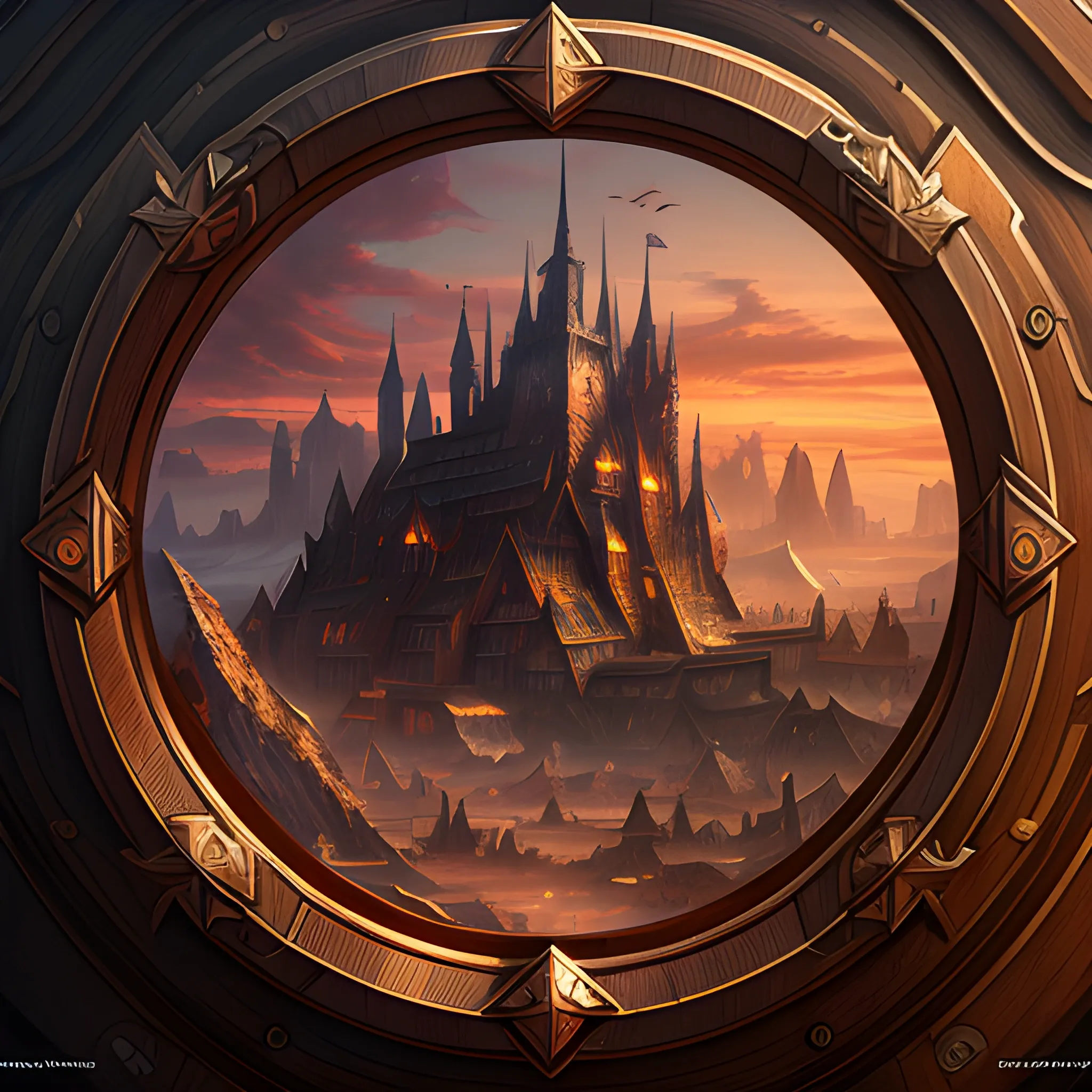 wooden, rounded shield, 8k, high resolution, detailed, detailed matte painting, deep color, fantastical, intricate detail, splash screen, complementary colors, fantasy concept art, 8k resolution trending on Artstation Unreal